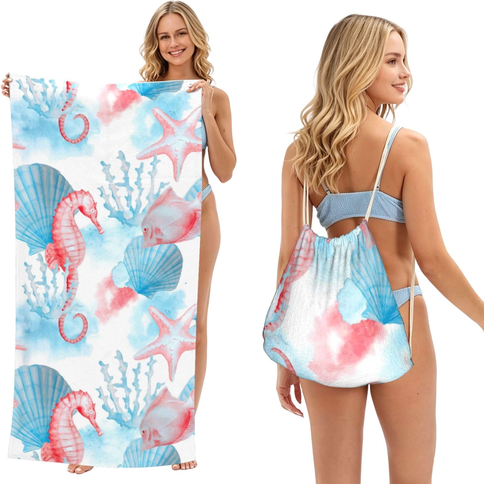 Poadnly As Picture Watercolor Shells Sea Horse Fish, 2 In 1 Packable Towel Bag, Beach Towels With Drawstring Backpack For Travel Holiday Camping