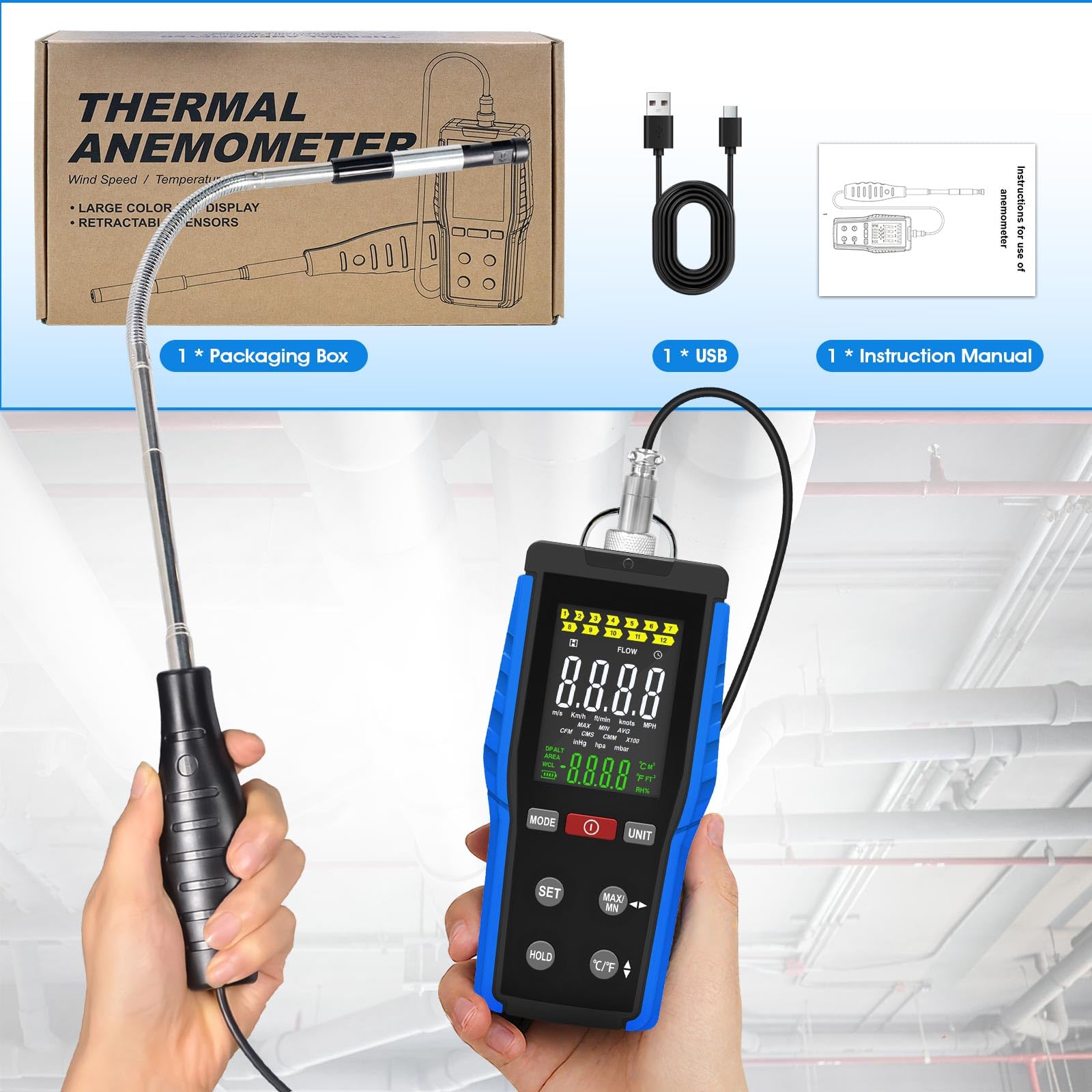 Windmesser, Anemometer für Thermisches Windgeschwindigkeit Messgerät, Temperatur, Volumen, 0.1-30M/s Windmessgerät, 0-999900ft3/min Windmesser, Max/Min/Data Hold