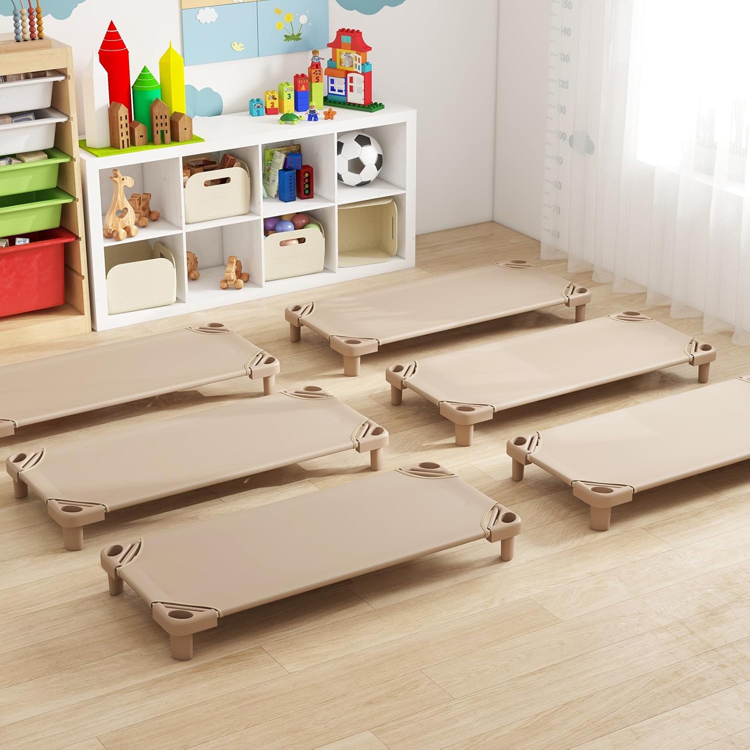 Costzon Stackable Kids Naptime Cot, Toddler Daycare Cots Rest Mat w/Easy Lift Corner Oxford Cloth Ready-to-Assemble, Space Saving Sleeping Cots for Daycare Kids Preschool Classroom (Beige, 6pcs)