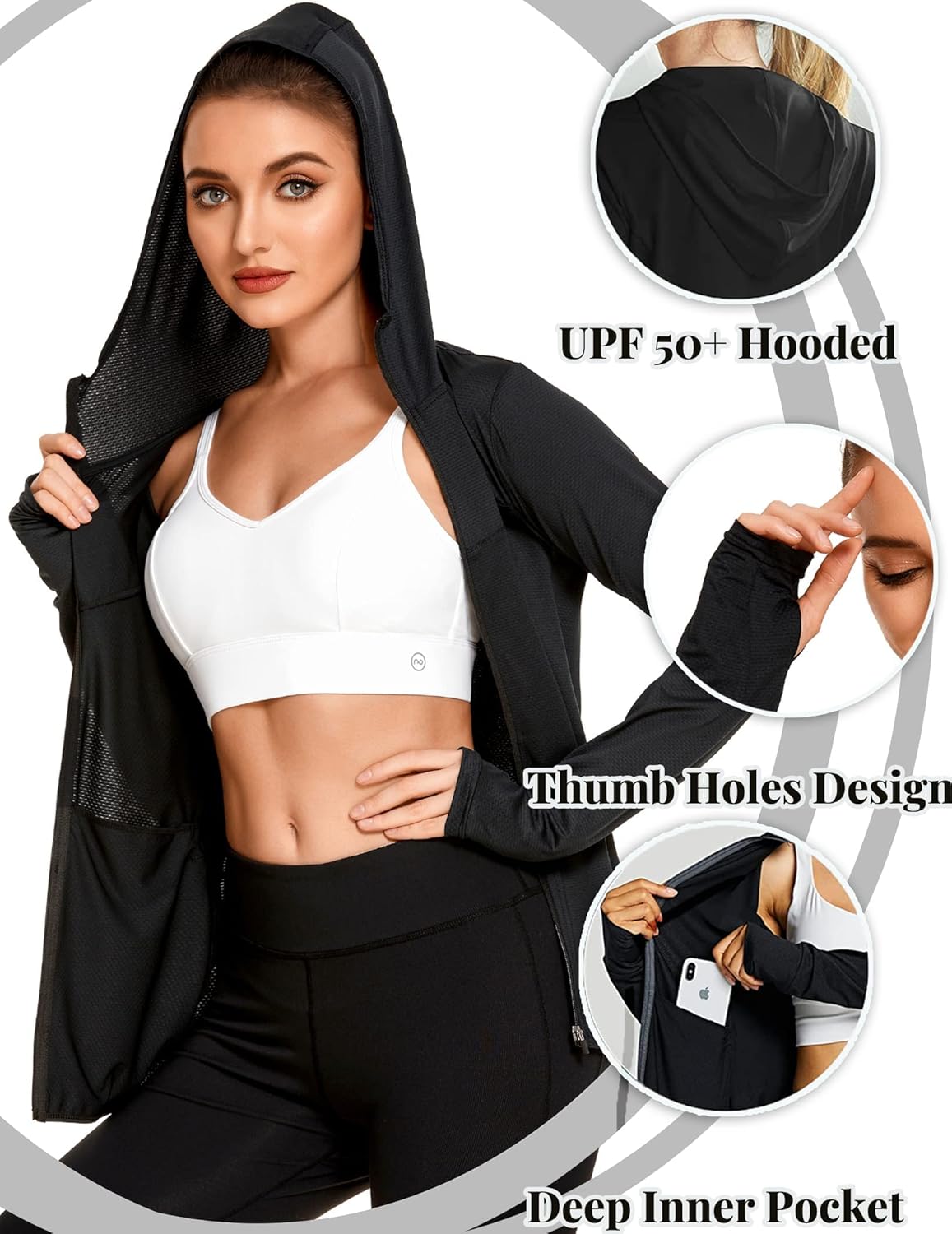 COOrun Women's UPF 50+ Sun Protection Hoodie Jacket Long Sleeve Athletic Running Full Zip Workout Jacket with Pockets - Image 3