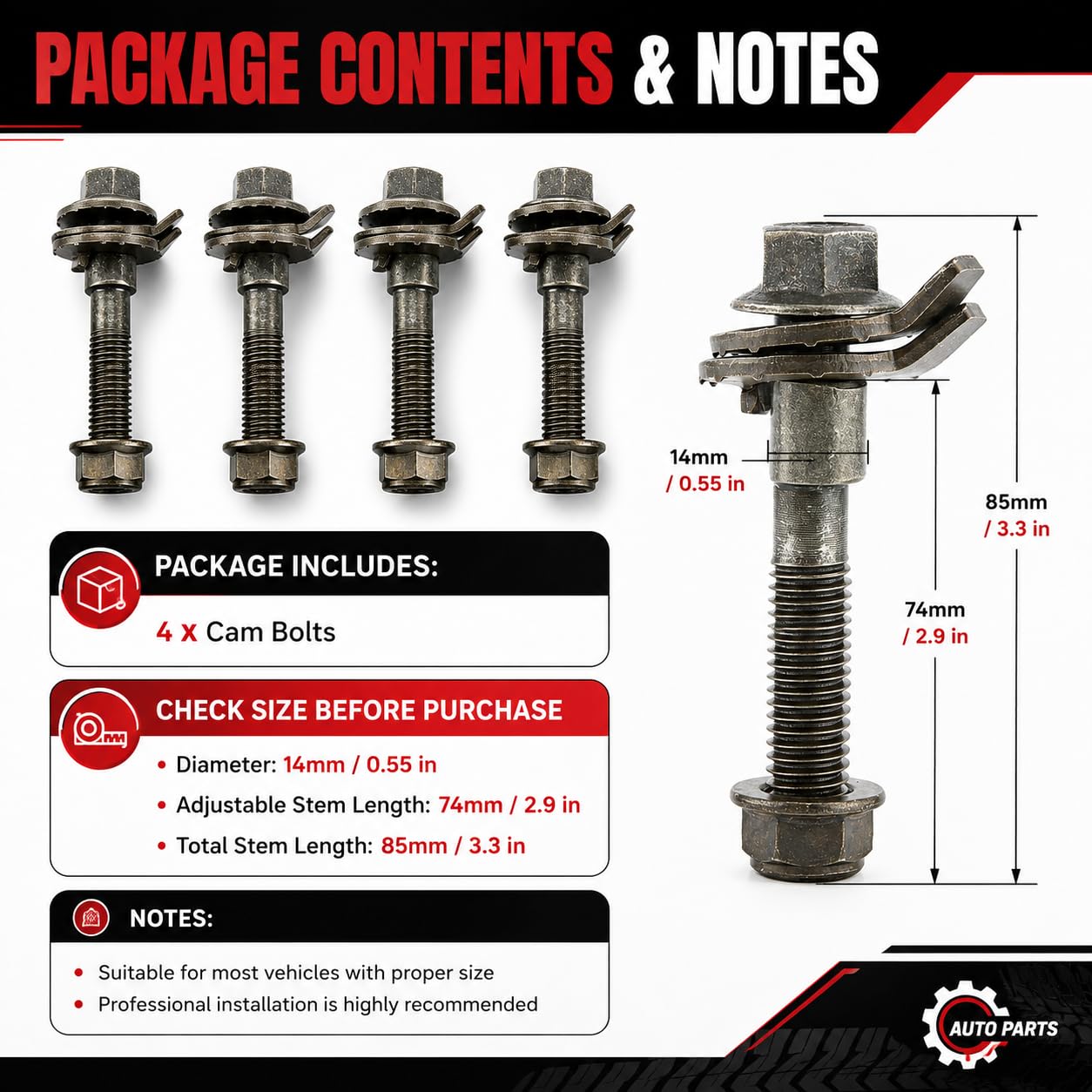 Réglable Boulon à Came, 4 PièCes 14mm Kit De Boulons De Carrossage RéGlables Vis De Boulon Excentrique Cam Bolts Camber Correction Kit pour Alignement des Quatre Roues De VéHicule