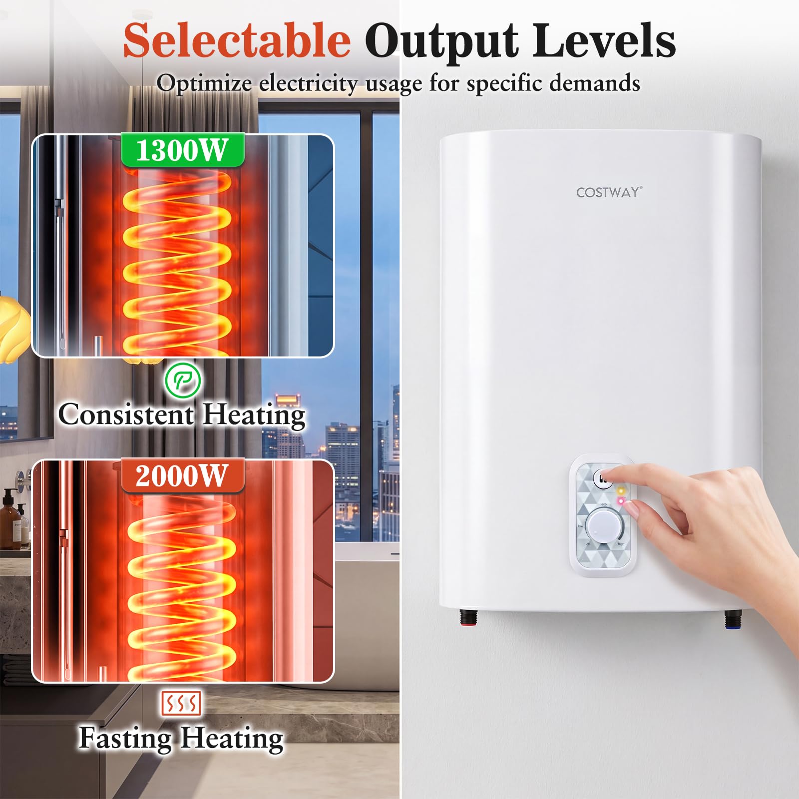 FANTASK Depósito de agua caliente, 25 litros, 1300 W/2000 W, modo de calefacción | Calentador de agua caliente inteligente para baño, montaje en pared, múltiples posiciones, calentador de agua eléctrico