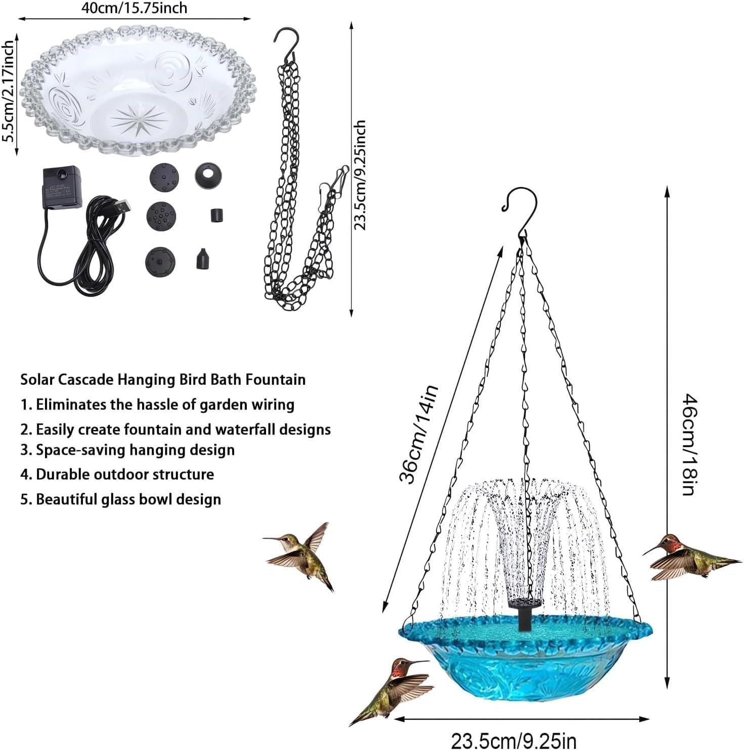 Solar Cascade Hanging Bird Bath Fountain, 3 Layers Hanging Solar Bird Bath Fountain, Large Humming Birds Baths Fountains, Solar Powered Pump for Outdoor Garden Backyard Patio Lawn (A)
