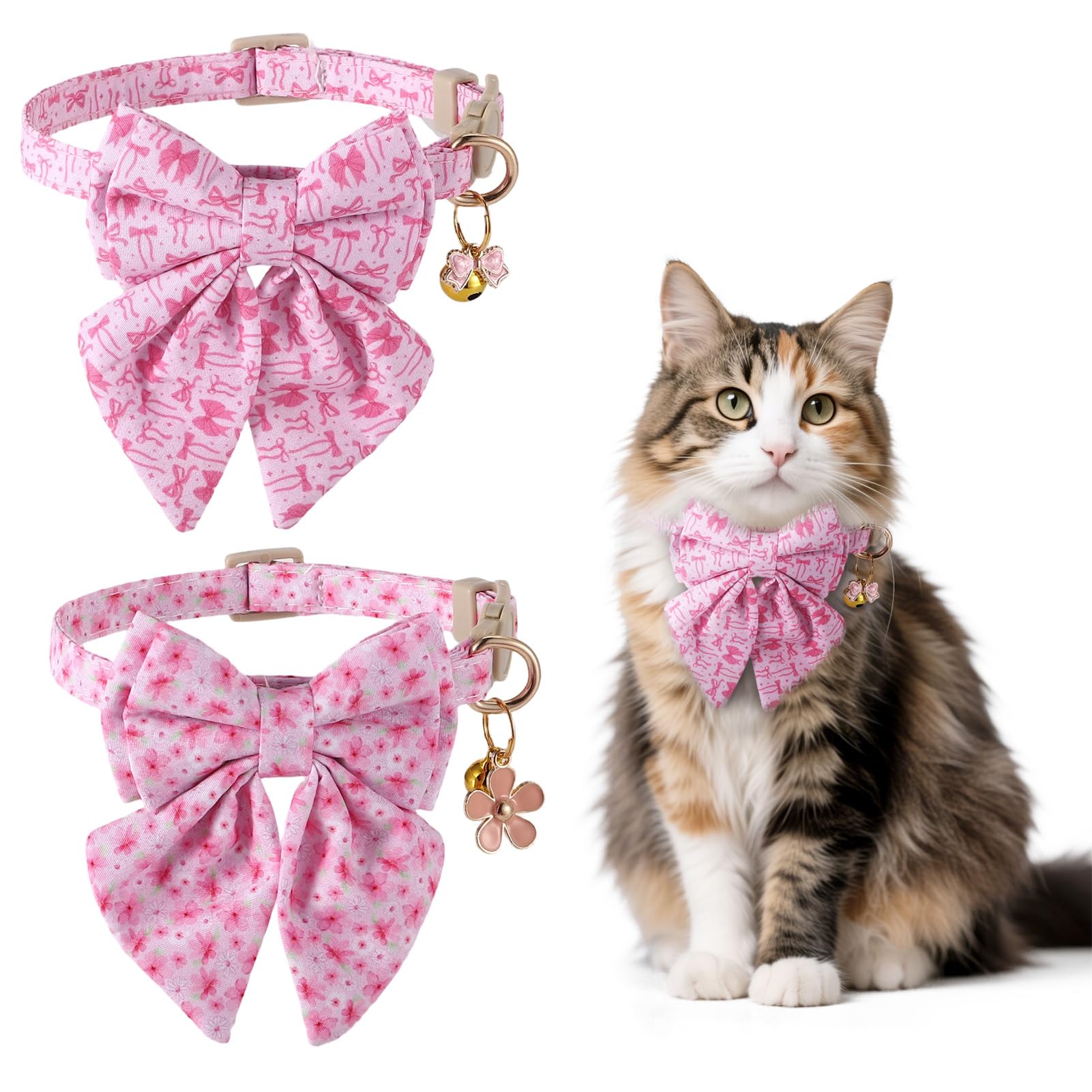 GSrenyu 2 Pack Cat Collar with Bell Cute Pink Cat Bow Tie Soft kitten Collars for Your Little Princess