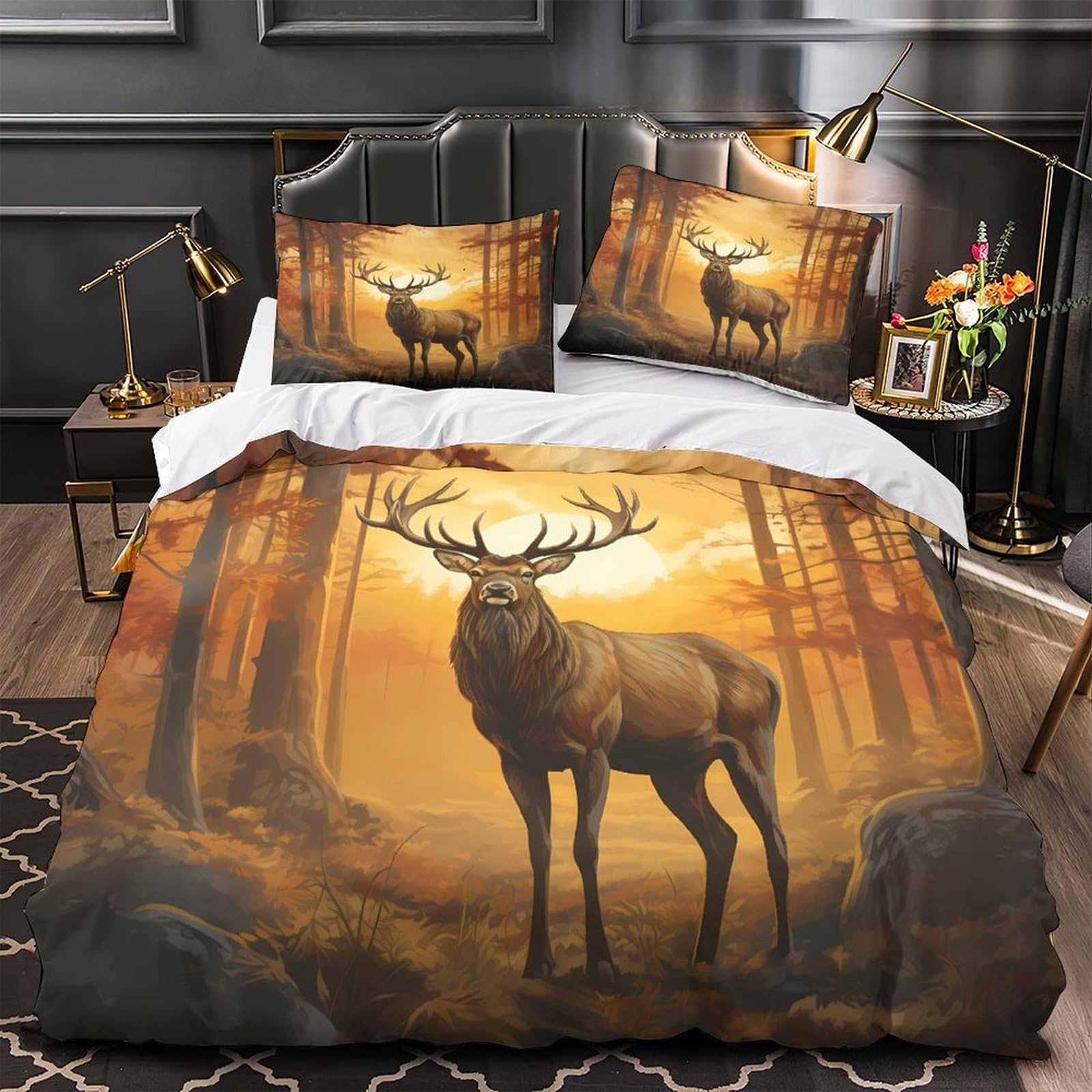 Cervo Silvestre Copripiumino 3D Stampato Microfibra Morbida Arredo Camera Set Biancheria Coppia Animali Foresta Traspirante per Adulti Giovani Super king（260x220cm）