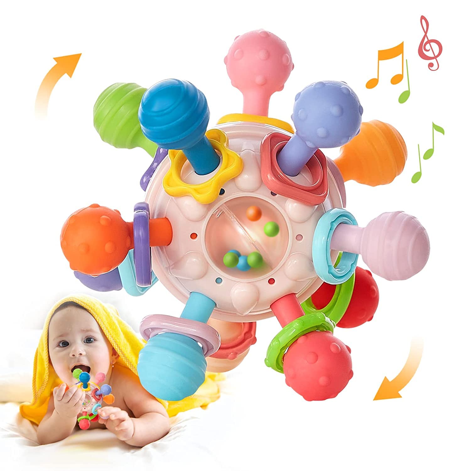 AM ANNA Baby Teething Toys 0-6 Months, Silicone Pull String Interactive 3 in 1 Baby Rattle Activity Ball, Baby Sensory Chew Toys for Boys & Girls