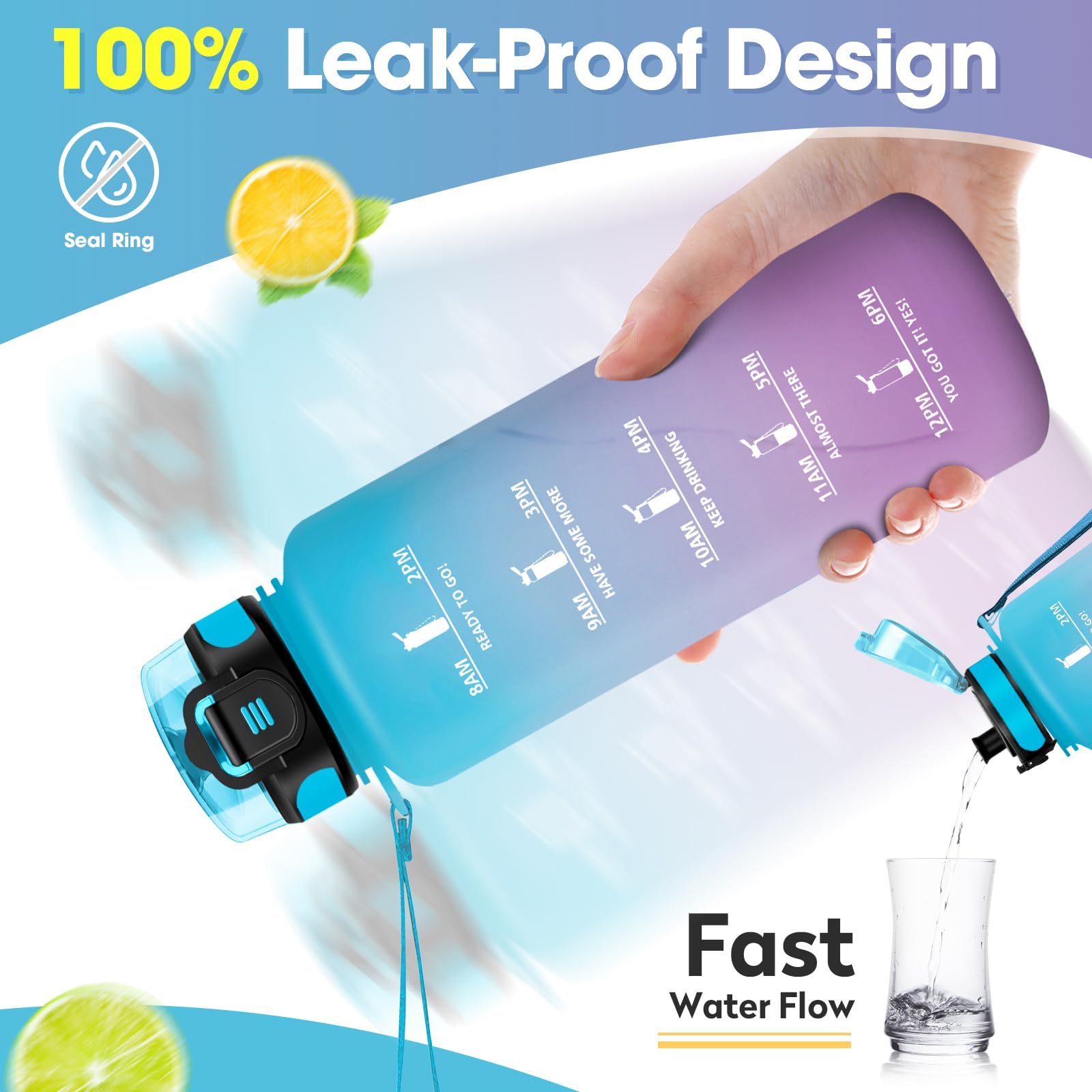 JAPORIA Borraccia Motivazionale 1.5L, Bottiglia con Filtro, Bottiglia Riutilizzabile,Sportiva con Indicatore del Tempo Motivazionale,per Sport, Palestra, Scuola, Gym, Fitness, Yoga