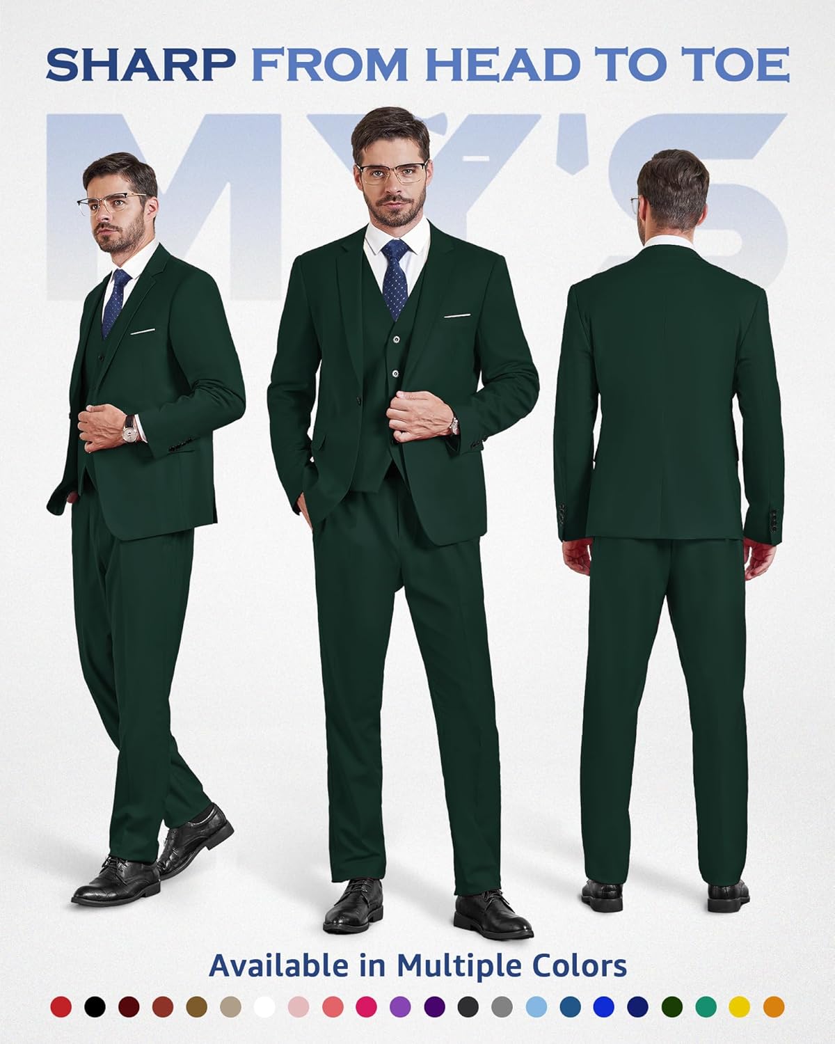 MY'S Men's 3 Piece Slim Fit Suit Set, One Button Solid Jacket Vest Pants... - Picture 62 of 138
