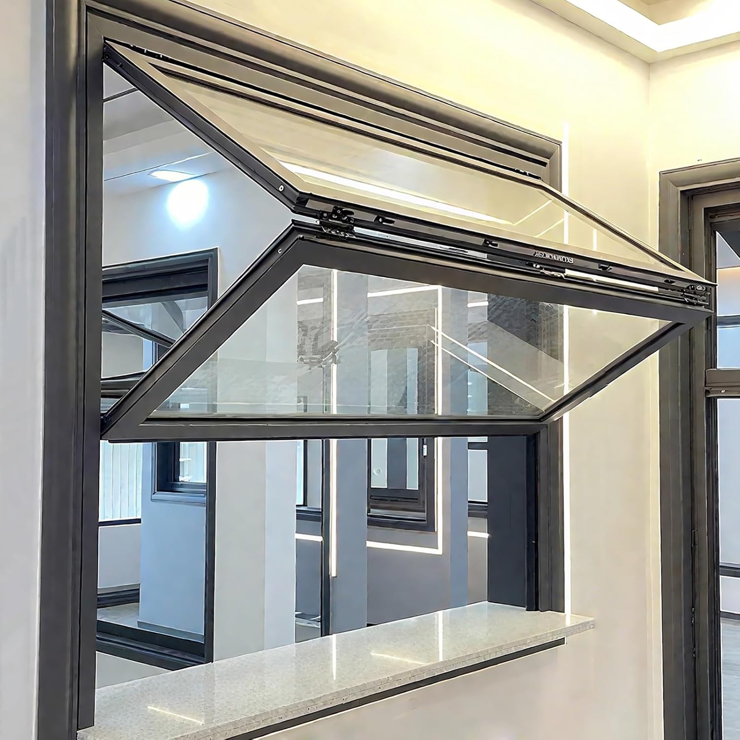 Folding Concession Serving Window with Glass & Lock, Vertical Sliding Double Hung Aluminum Frame Window for Food Truck, Vending Stand, Business Kitchen Use(38x36in/96x91cm)