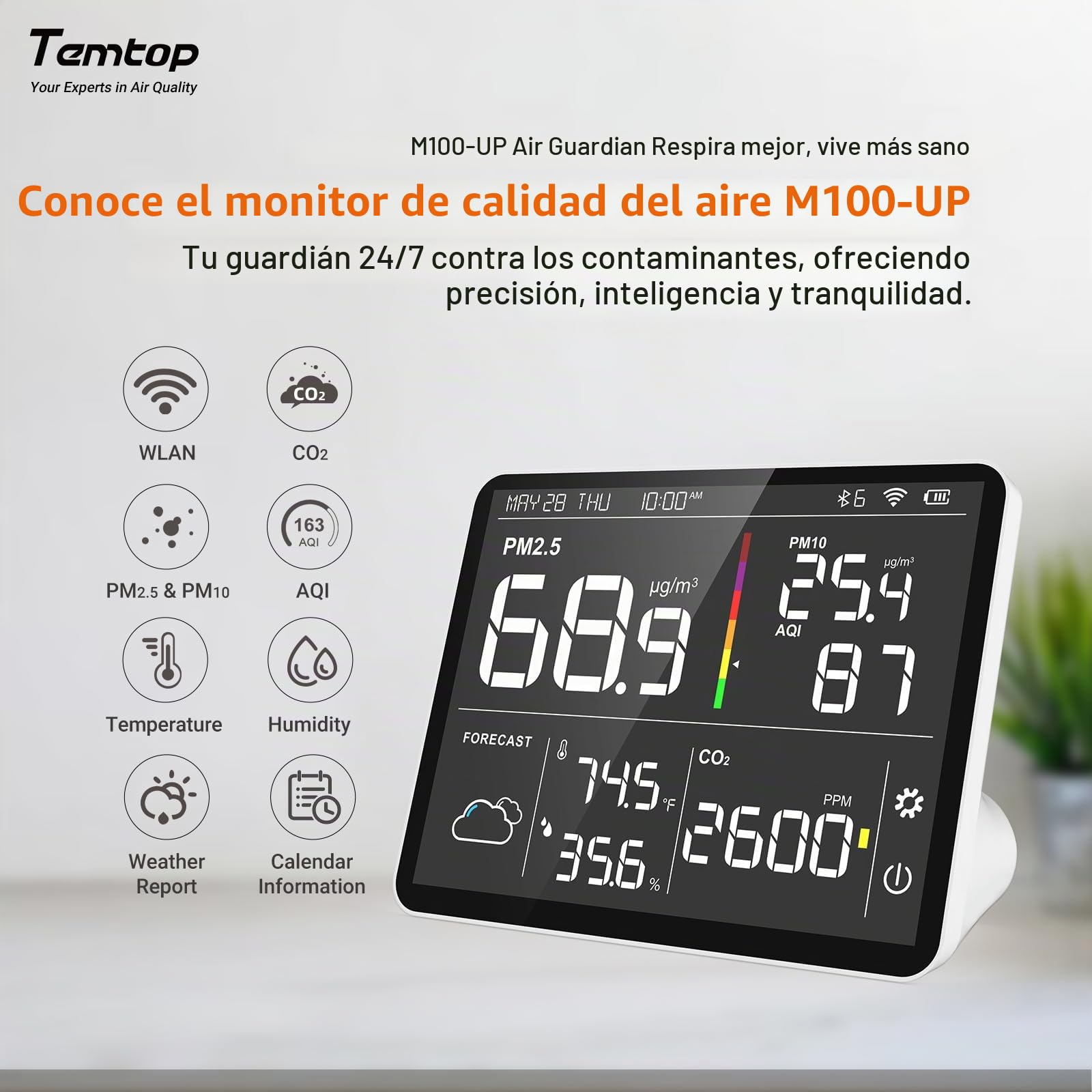 Temtop M100-UP - Medidor de calidad del aire y estación meteorológica con
