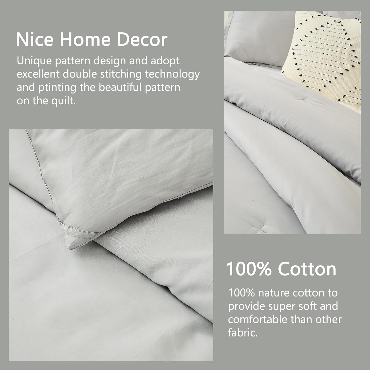 Finlonte Queen Comforter Set, 100% Cotton Comforter Bedding Set, Fluffy Solid Grey Color Bed Set, Lightweight Quilted for Queen Size Bed, 90" × 90", 3pcs, Down Alternative, Gray