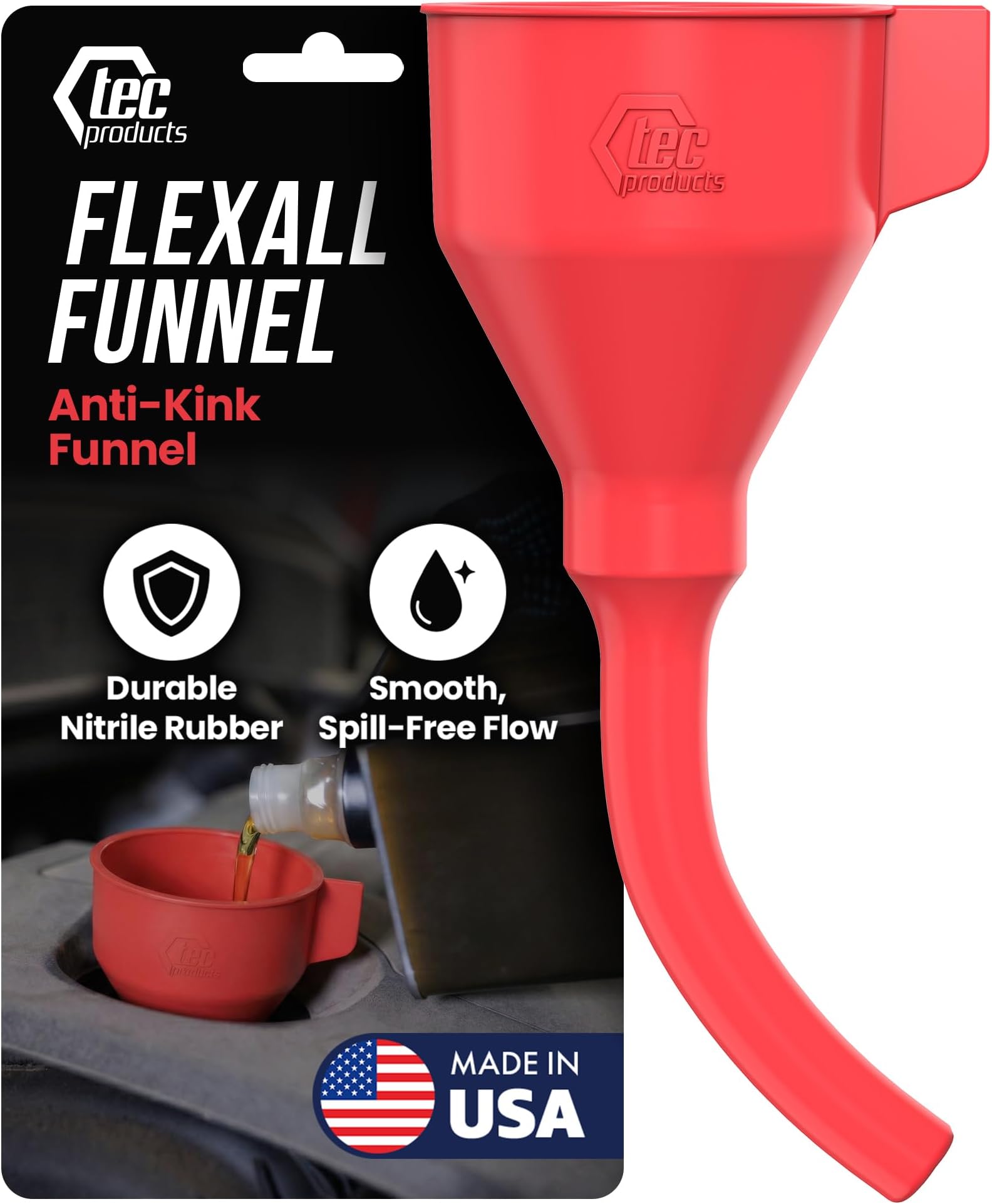 TEC Products FlexAll Anti-Kink Funnel - Long Flexible Funnel with Hose for Automotive Use - Durable Nitrile Rubber - Car Oil Change, Transmission Fluid, Diesel, Gas - Made in USA (9 x 3.95 Inches)