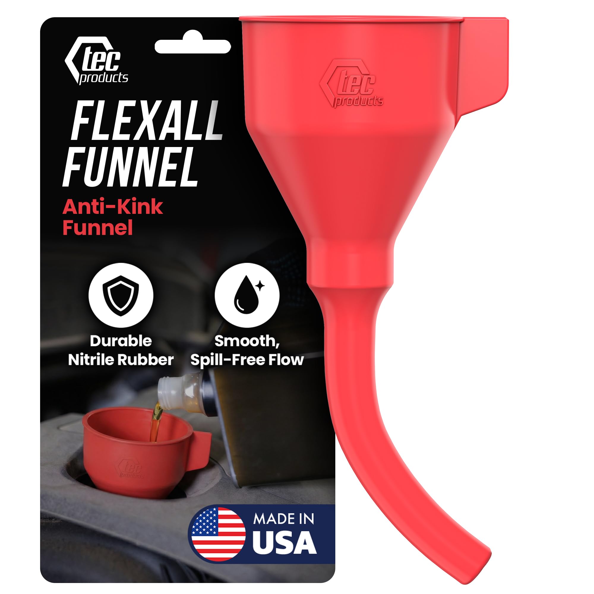 FlexAll Anti-Kink Funnel - Long Flexible Funnel with Hose for Automotive Use - Durable Nitrile Rubber - Car Oil Change, Transmission Fluid, Diesel, Gas - Made in USA (9 x 3.95 Inches)