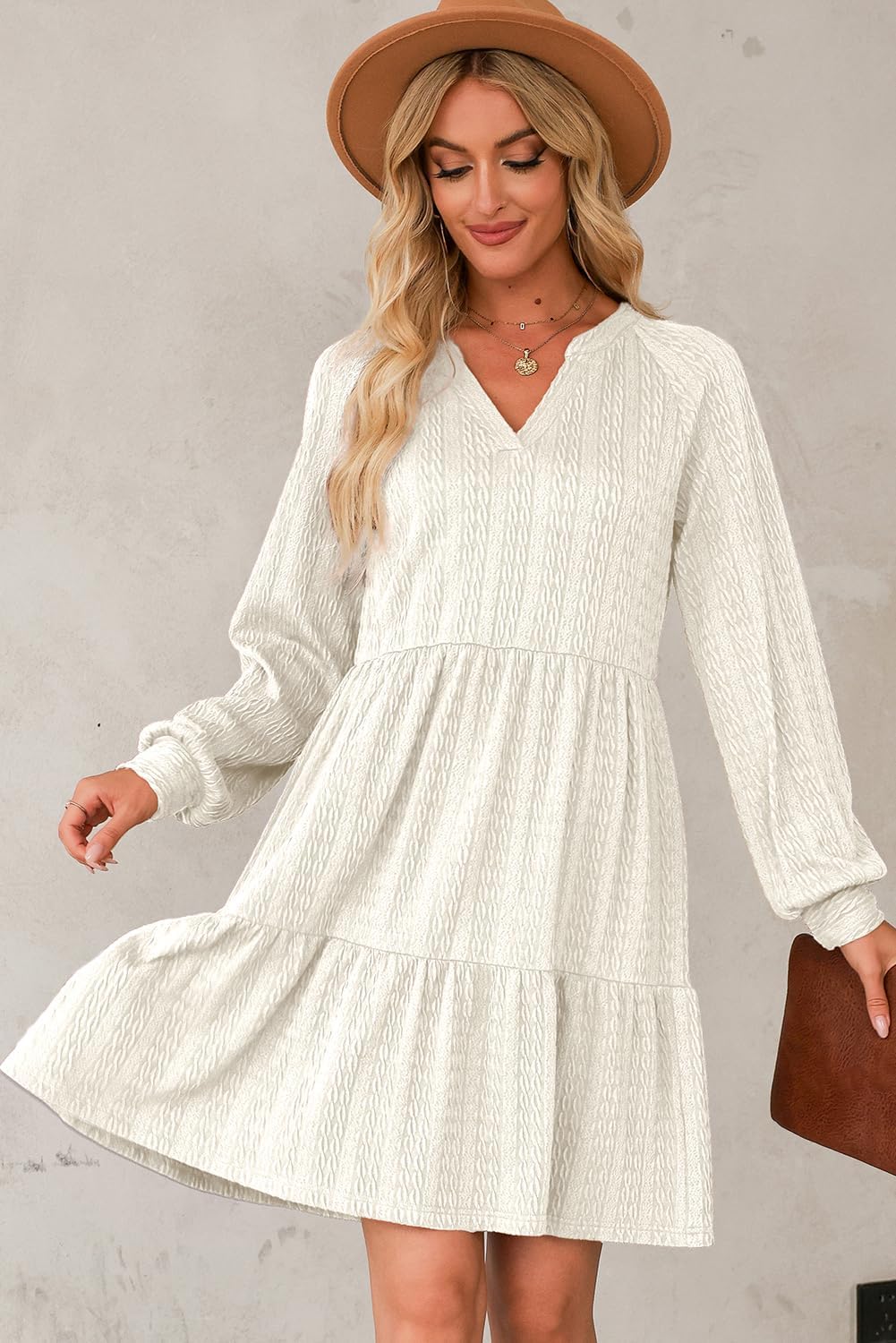 Dokotoo Fall Dresses for Women 2025 Long Sleeve V Neck Textured Casual Lightweight Tiered Ruffle A-Line Mini Babydoll Dress - Image 4