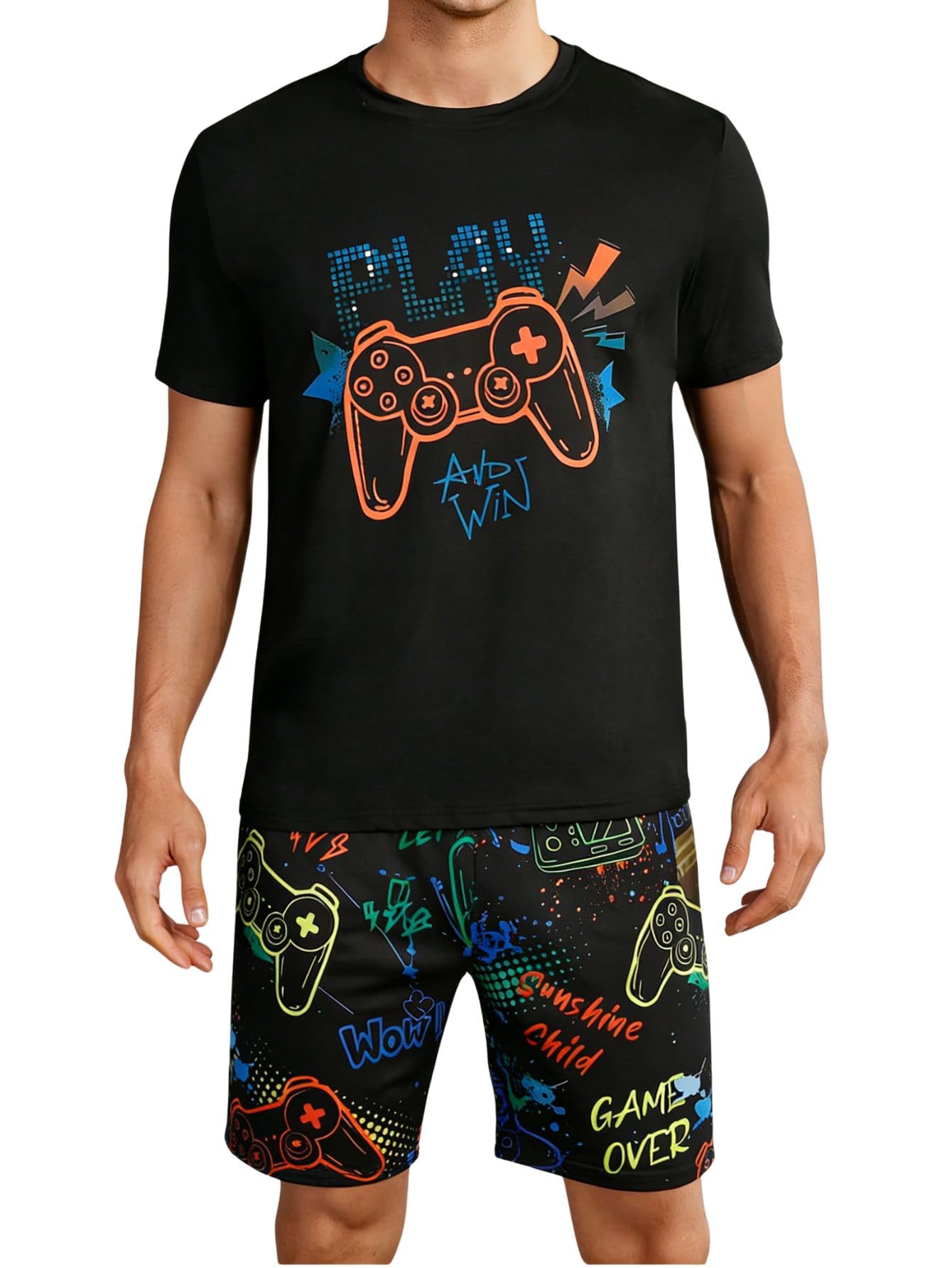 Verdusa Men's Pajamas Set 2 Piece Pjs Sets Short Sleeve Letter Print Tee and Short Lounge Set