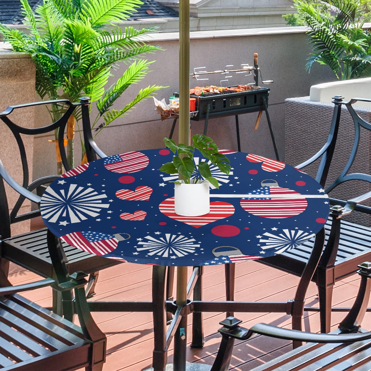 Round Outdoor Tablecloth with Umbrella Hole,Patio Table Cover Fitted Tablecloth Waterproof Umbrella Table Cover for Party Picnic (American 4th of July, Fit for 36