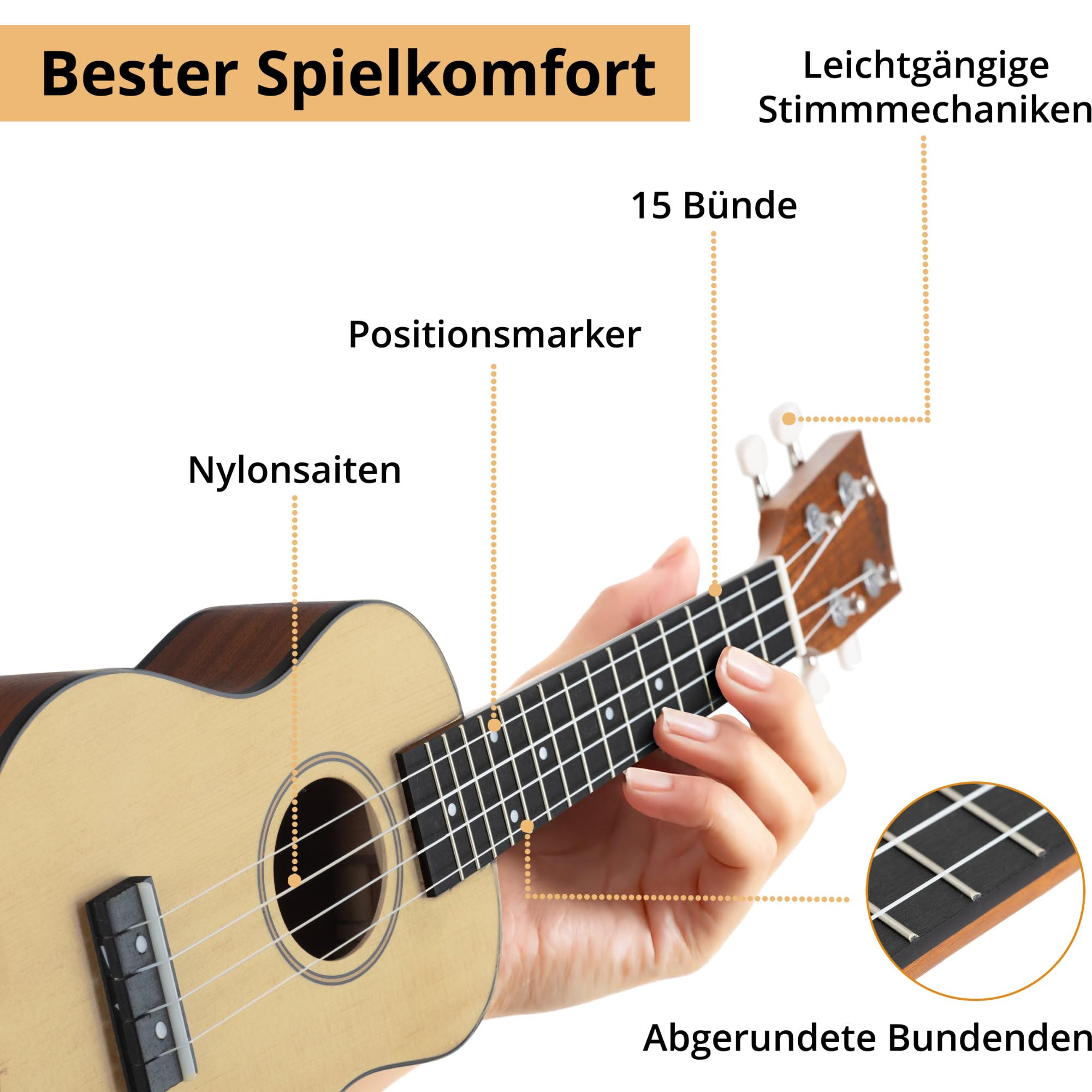 Classic Cantabile Sopran Ukulele Natural Set inkl. Grifftabelle, 15 Bünde | Sopran-Mensur (343 mm), Gesamtlänge: 54 cm, Decke: Fichte, Boden und Zargen: Sapele, Hals: Okoume, Griffbrett: Black Richnite