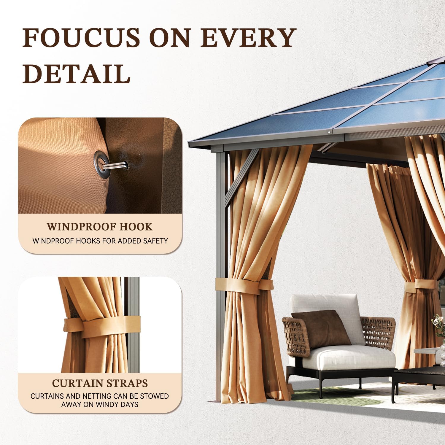 10FT x 10 FT Gazebo Single Polycarbonate Top, Outdoor Aluminum Frame Canopy Pergolas with Curtains and Netting, for Patios