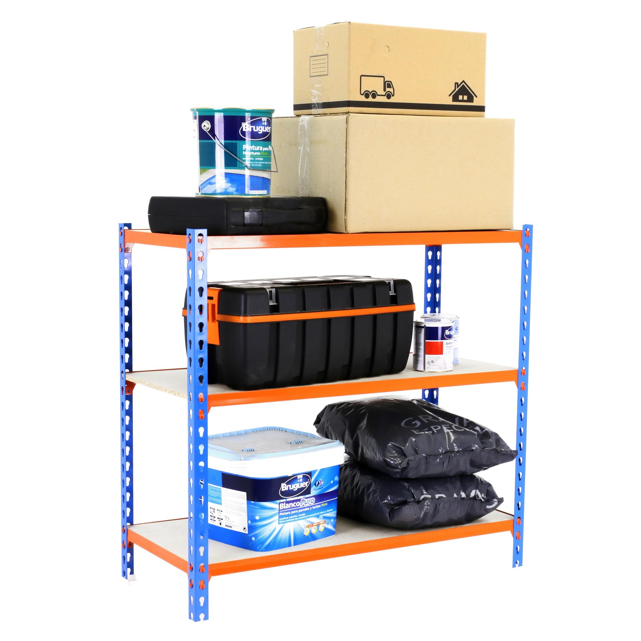 SimonRack Schwerlastregal, Lagerregal, 90x100x30 cm, Metallregal, Kellerregal, Biegestelle 150 kg, 3 Holzfachböden, Blau/Orange/Holz - Maderclick