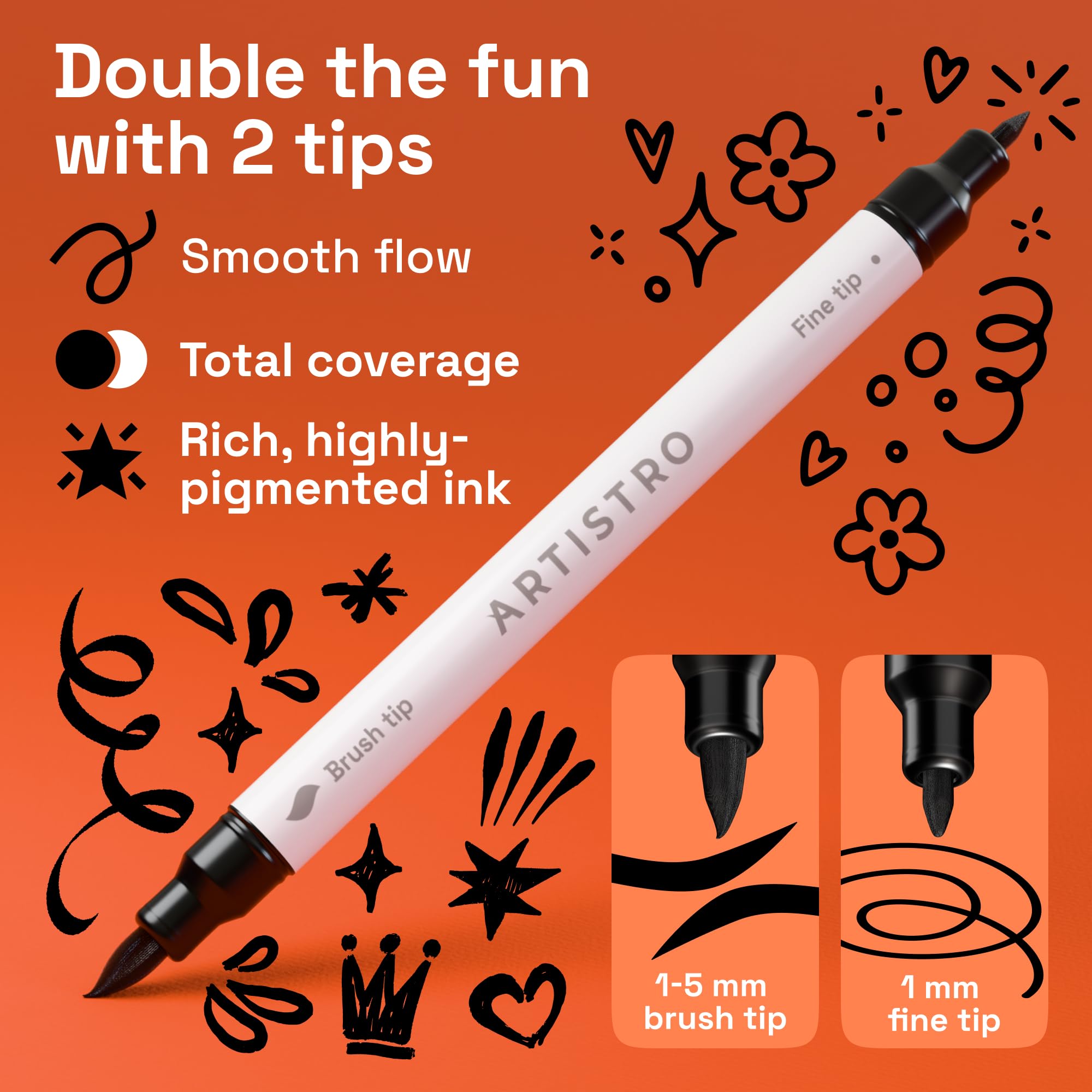 Close-up of the ARTISTRO dual tip paint pen, highlighting the fine point and brush tip.