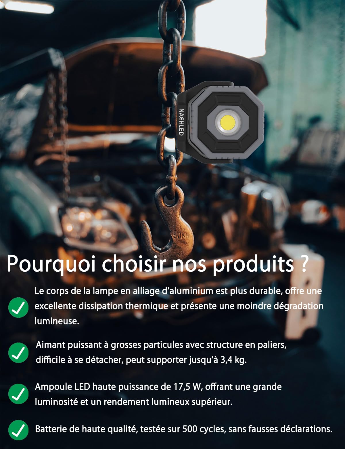 Lampe de travail, 800 lm, lampe de mécanicien de poche, rechargeable de type C, 2600 mAh, support magnétique rotatif à 360°, IP65, pour réparation de voiture, bricolage et entretien (gris)
