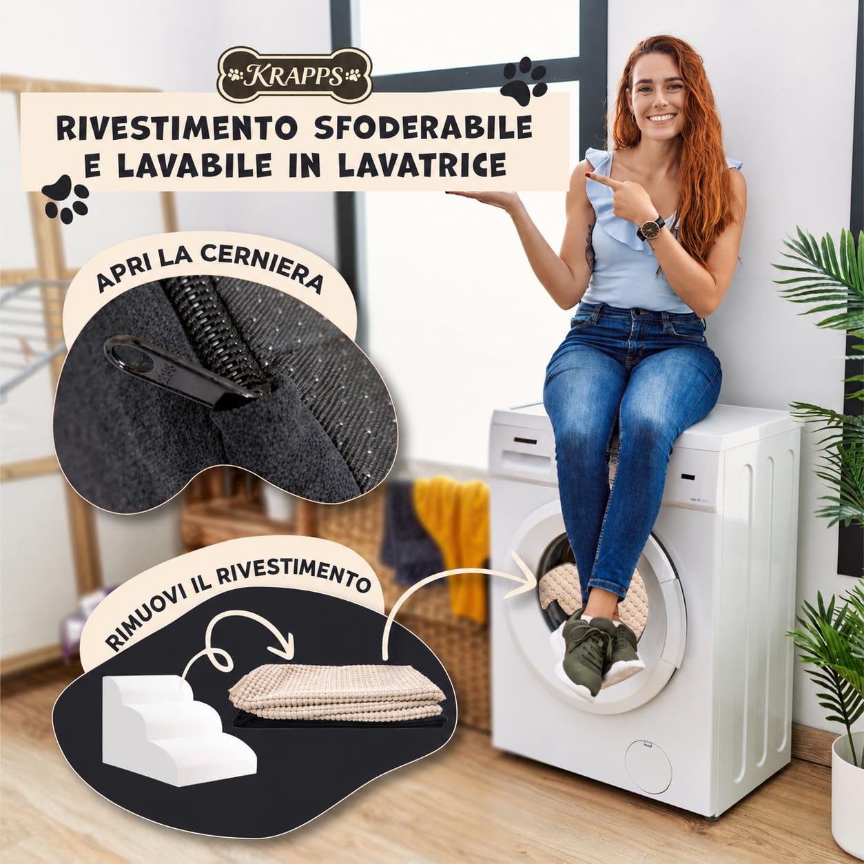 Scaletta per Cani a 3 Gradini con Lavazampe e Guanto Rimuovipeli | Scala per cani per letto e divano, schiuma 30D, rivestimento sfoderabile e idrorepellente, base antiscivolo, 40 x 60 x 40 cm