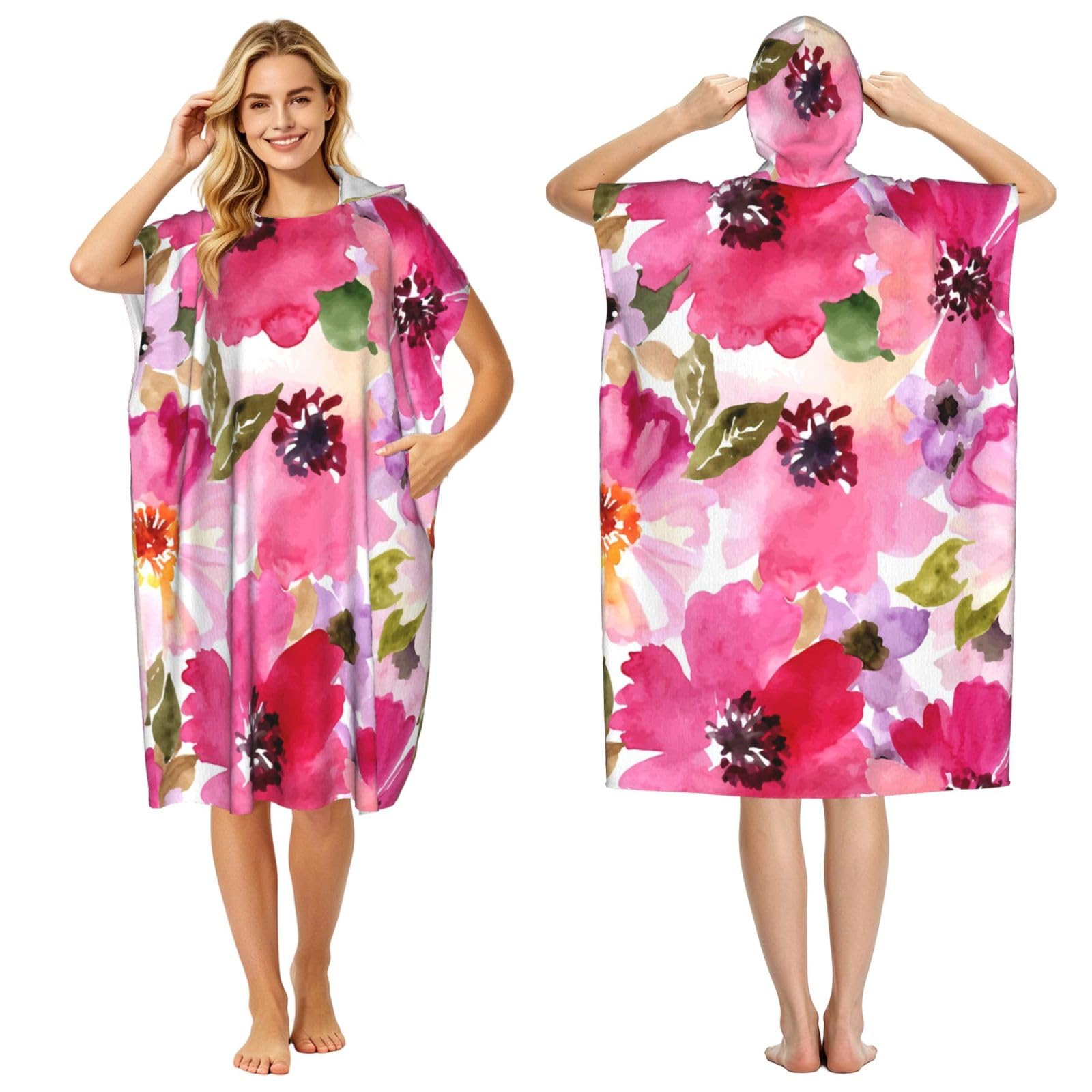 Poadnly Watercolor Flowers Pink Fuchsia, Adult Hooded Beach Towel 90 x 110 cm,Changing Bath Robe, Surf Poncho Towel For Women Men