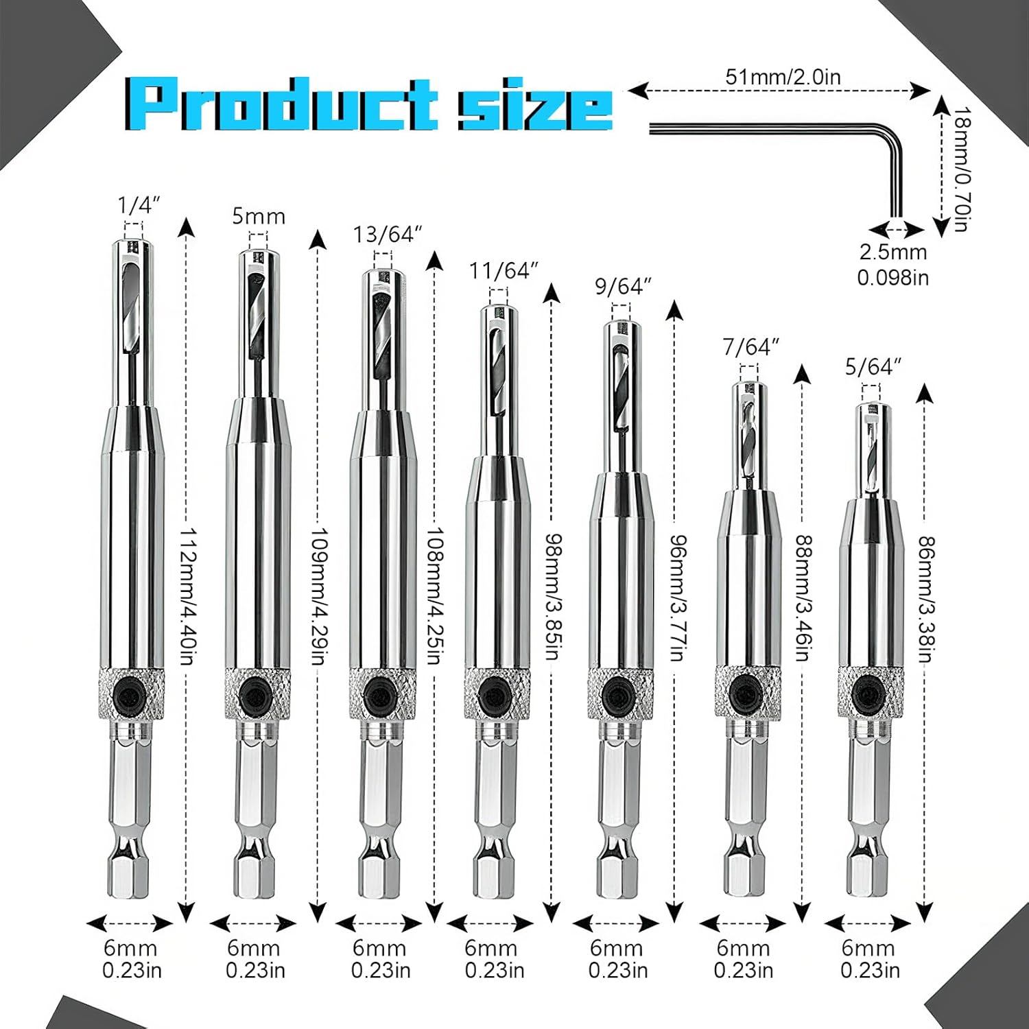 17pcs VIX Bits Self Centering Drill Bit Set - 1/4" Hex Shank Quick Change Hinge Tapper for Woodworking Door, Window, Cabinet Hinges - Includes Hex Key & 8 Bits (5/64" to 1/4")