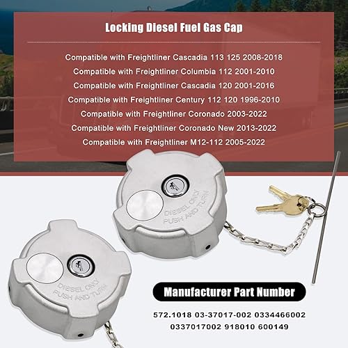 Miniatura 3 de RULLINE Paquete de 2 tapas de combustible diésel de bloqueo compatibles con Freightliner Cascadia, aluminio de 14 de giro para tapa de tanque de