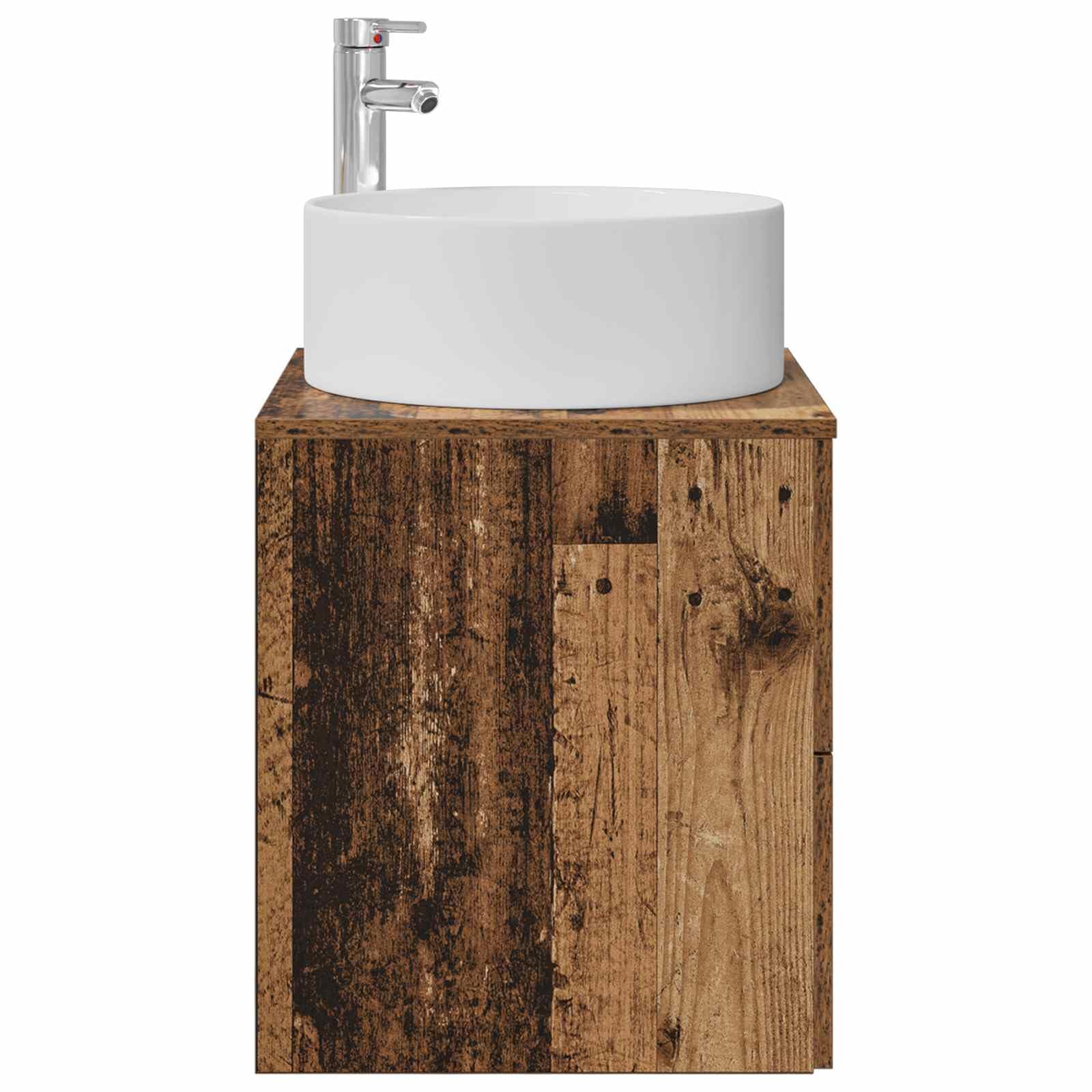 Lavabo montado en la pared con armario bajo madera envejecida, 49,5 x 44,5 x 65,5 cm, armario de baño colgante con 2 cajones para baño pequeño y aseo de invitados