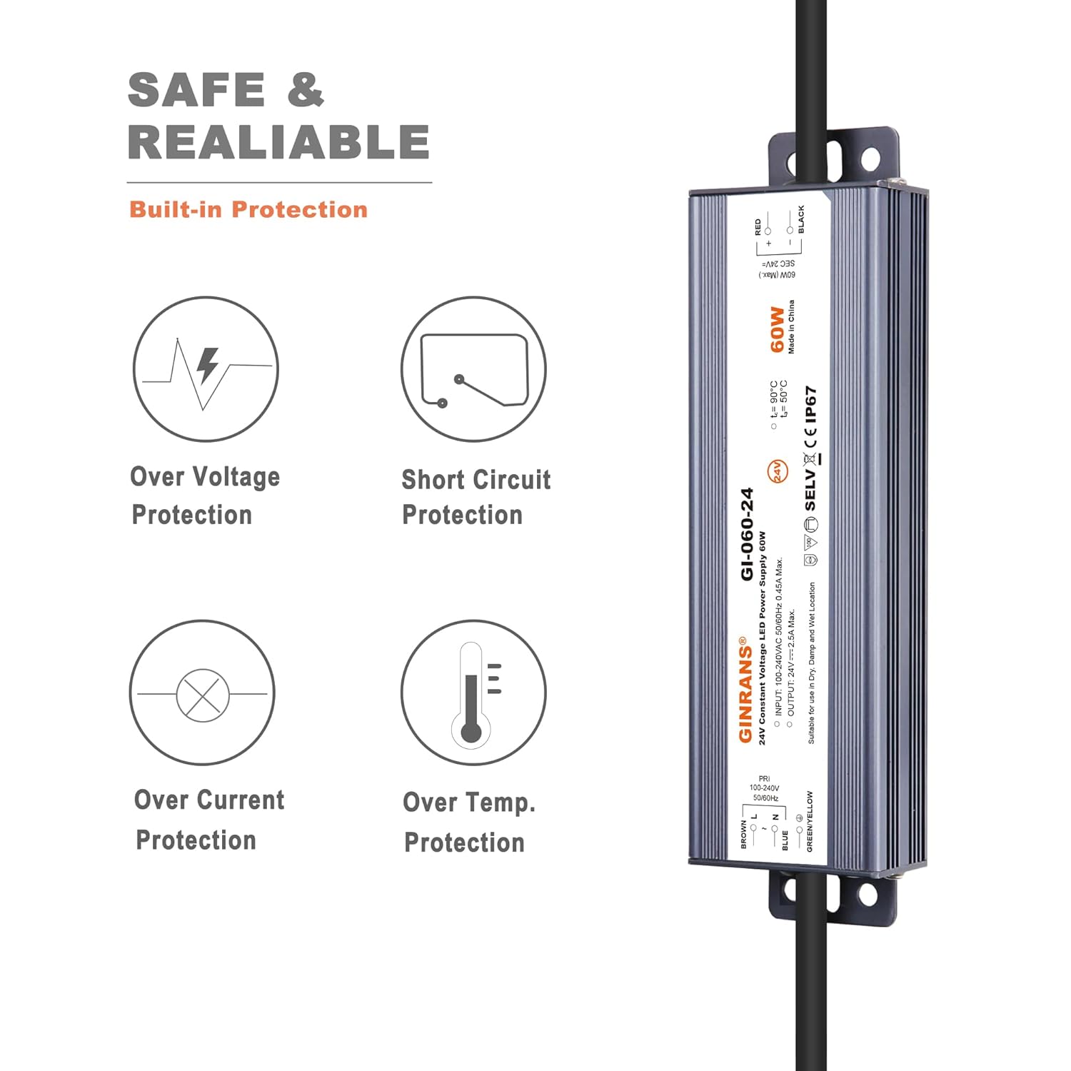 60W IP67 Waterproof Constant Voltage LED Driver Power Supply Transformer, 100-240V AC Universal Input with Plug, Output 24V DC 2.5A Max. for Outdoor LED Lighting