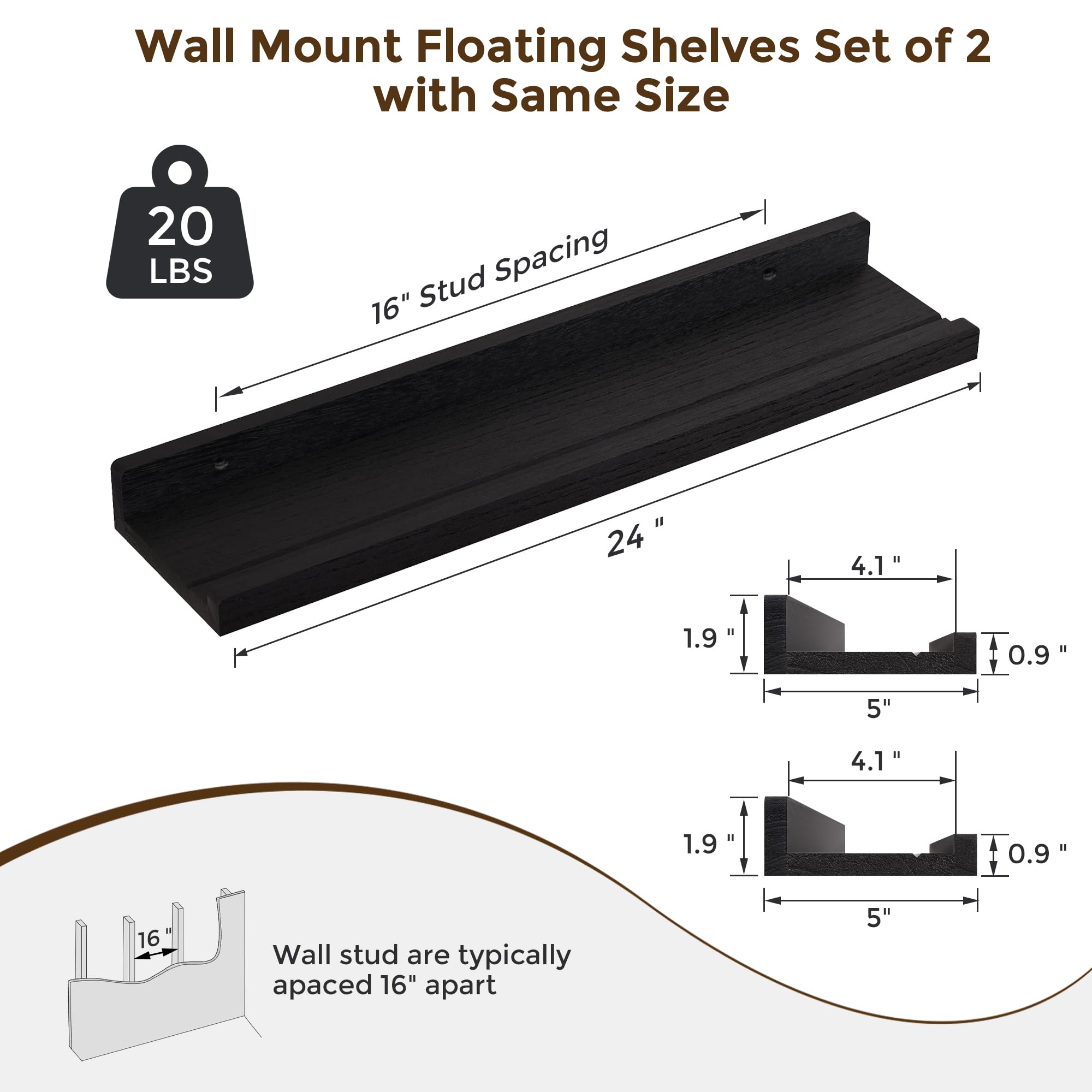 RICHFOCUS Juego de 2 estantes flotantes de madera natural de 24 pulgadas con borde para almacenamiento en pared, estantes flotantes para libros de guardería, sala de estar, baño, dormitorio, cocina,