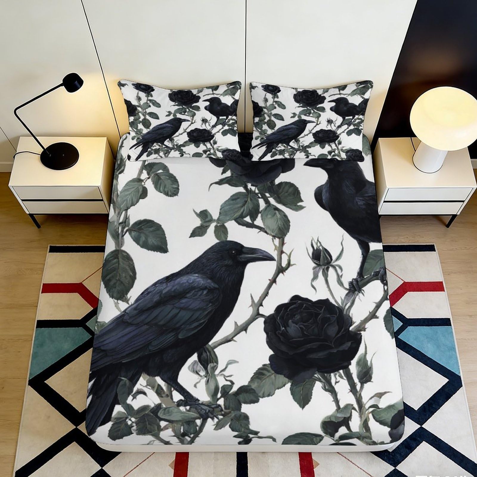 3D Printed Black Raven Fitted Sheet Microfiber Soft Gothic Rose Mattress Cover for Bedroom Dorm Decor, Easy Care, Slip-Resistant 160x200x25cm