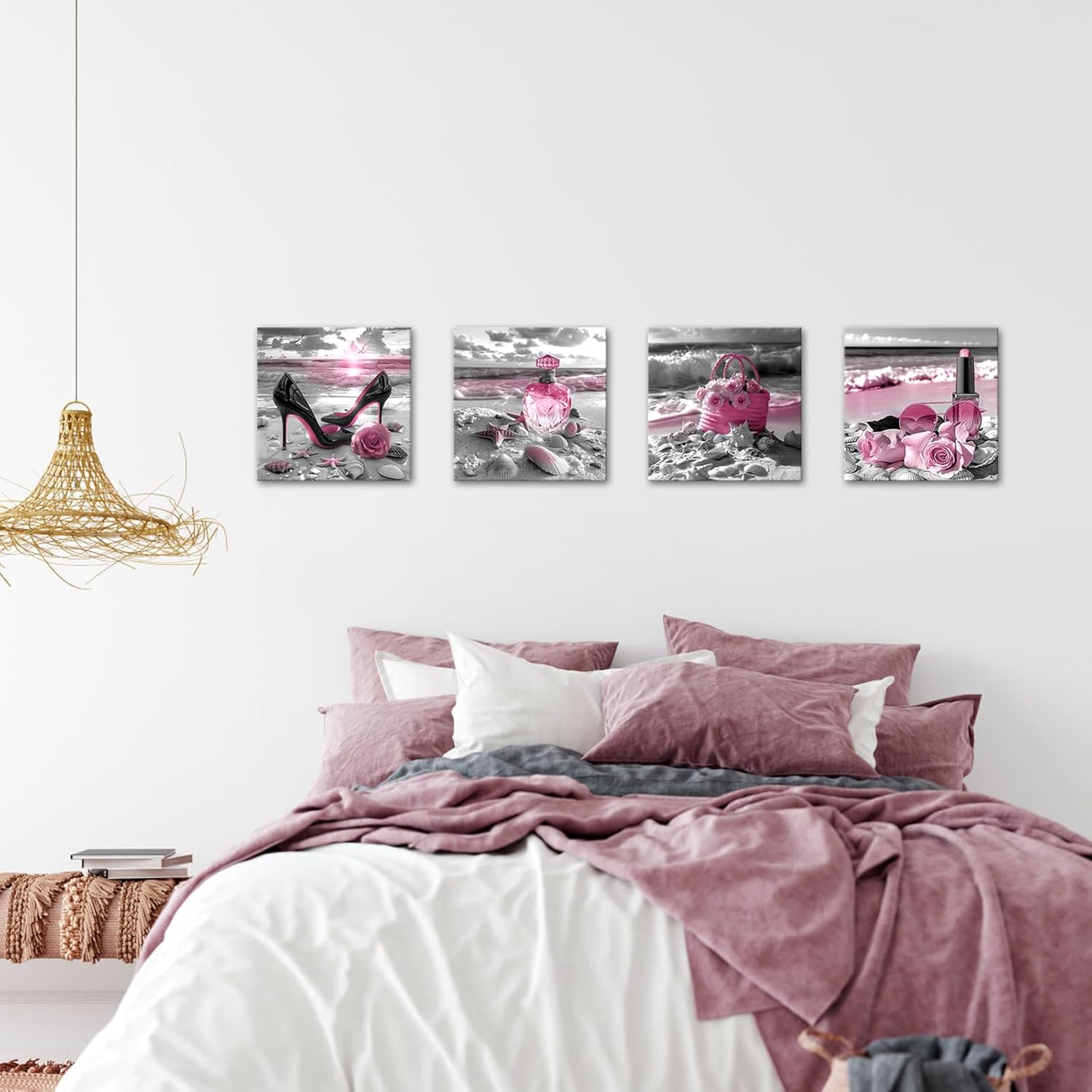 LyerArtork 4 Pieces Pink Makeup Room Canvas Wall Art Fashion Perfume High Heels Lipstick Beach Flower Picture Beauty Salon Woman Wall Decor Print Artworks for Bedroom Girls Room 12x12inchx4