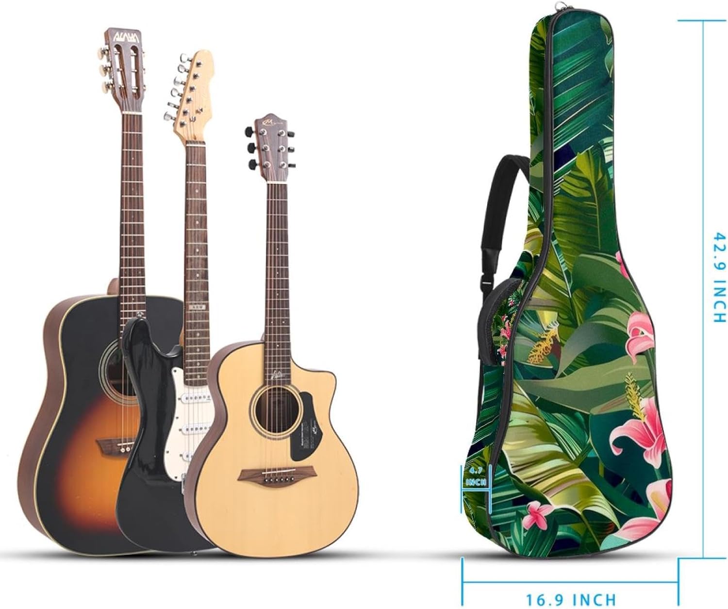 Acoustic Guitar Bag 0.4 Inch Thick Padding Waterproof Guitar Case Gig Bag for 40 41 42 Inch Electric Bass Classical Guitar, Tropical Floral Pattern