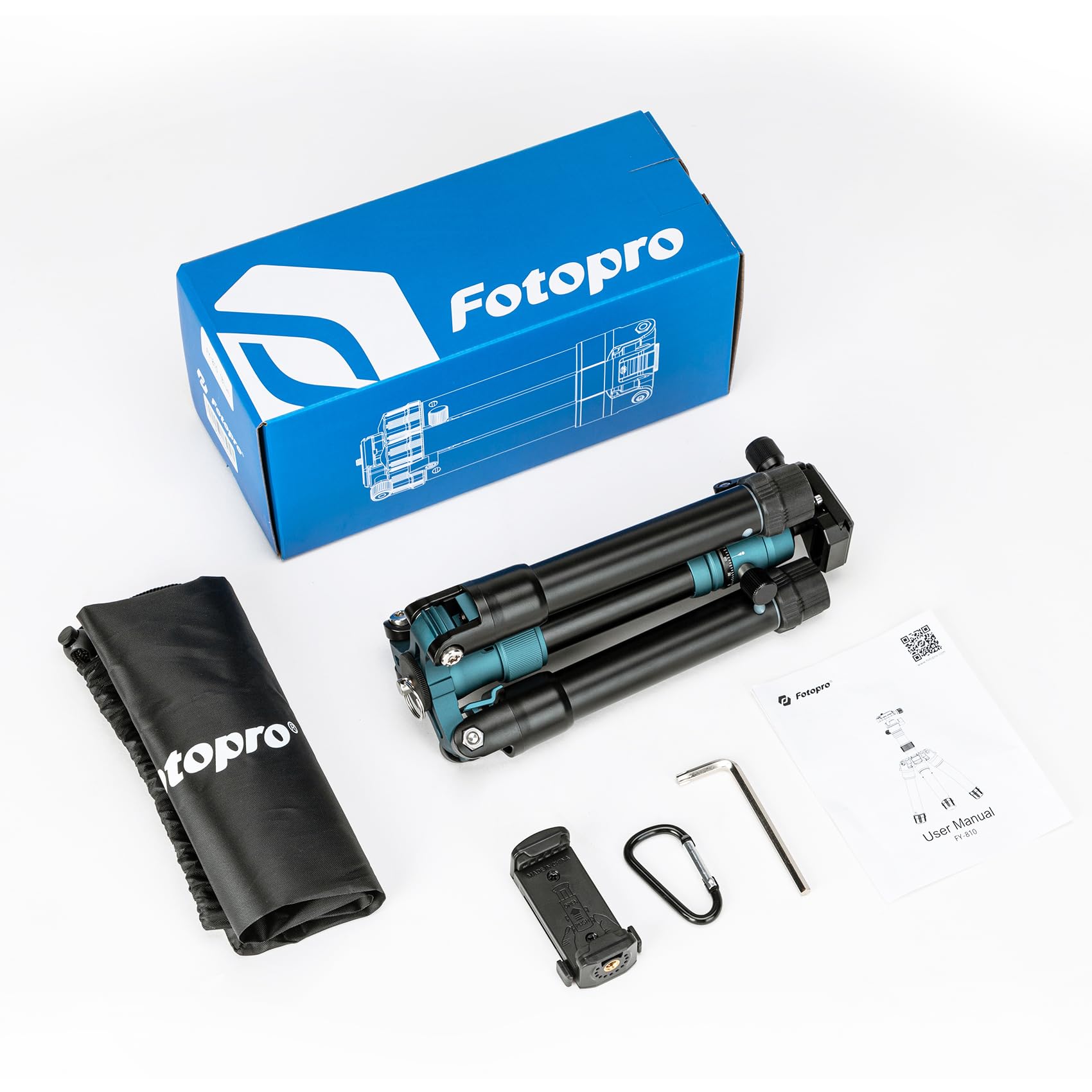 Fotopro Mini treppiede con testa a sfera, supporto per telefono, bastone per selfie staccabile, piegato solo 21,8 cm, carico massimo fino a 3 kg, FY-810, blu