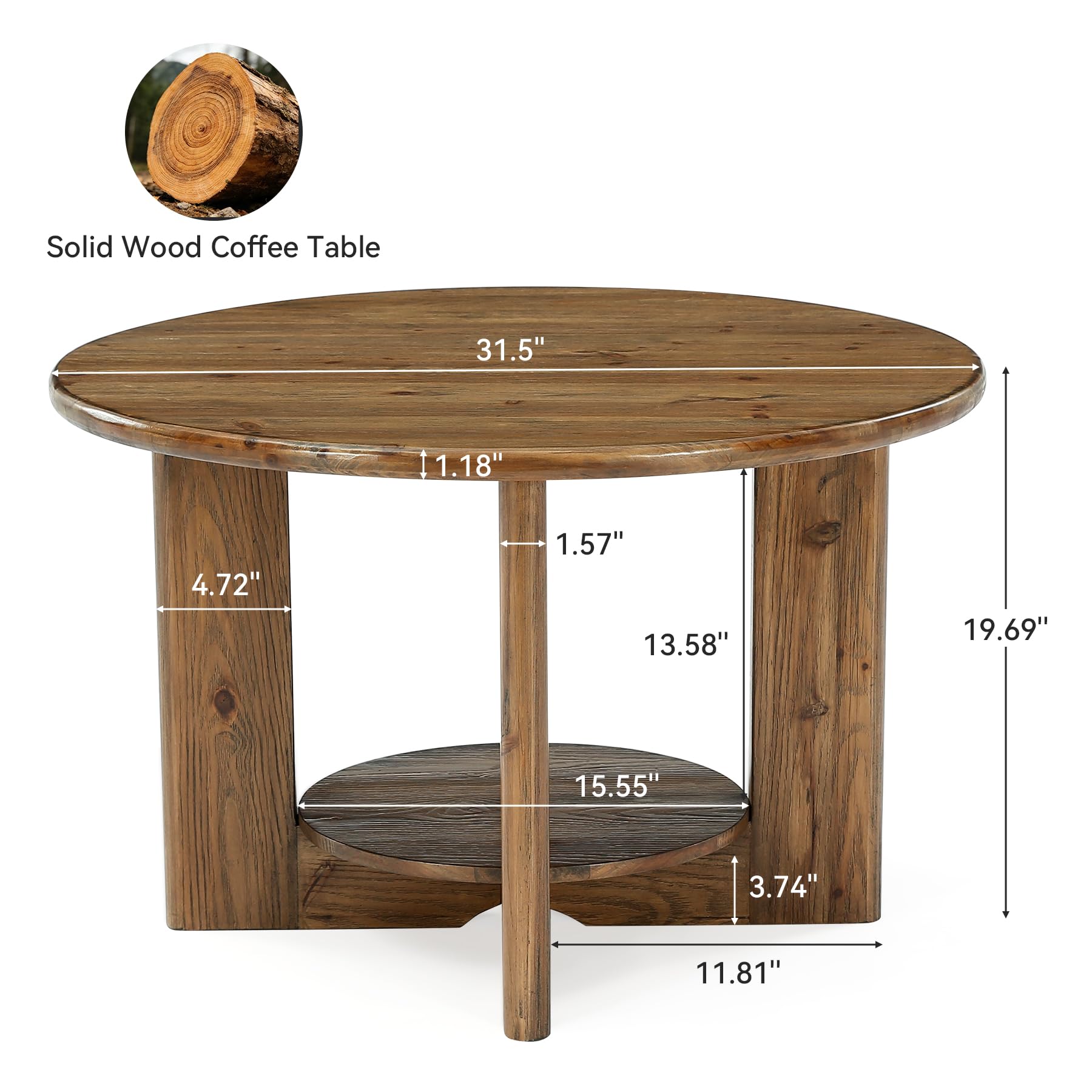Tribesigns Table Basse Ronde 80 cm, 2 Niveaux avec Rangement, Bois Massif, Style Maison de Campagne, Marron Rustique – Table d’Appoint pour Salon