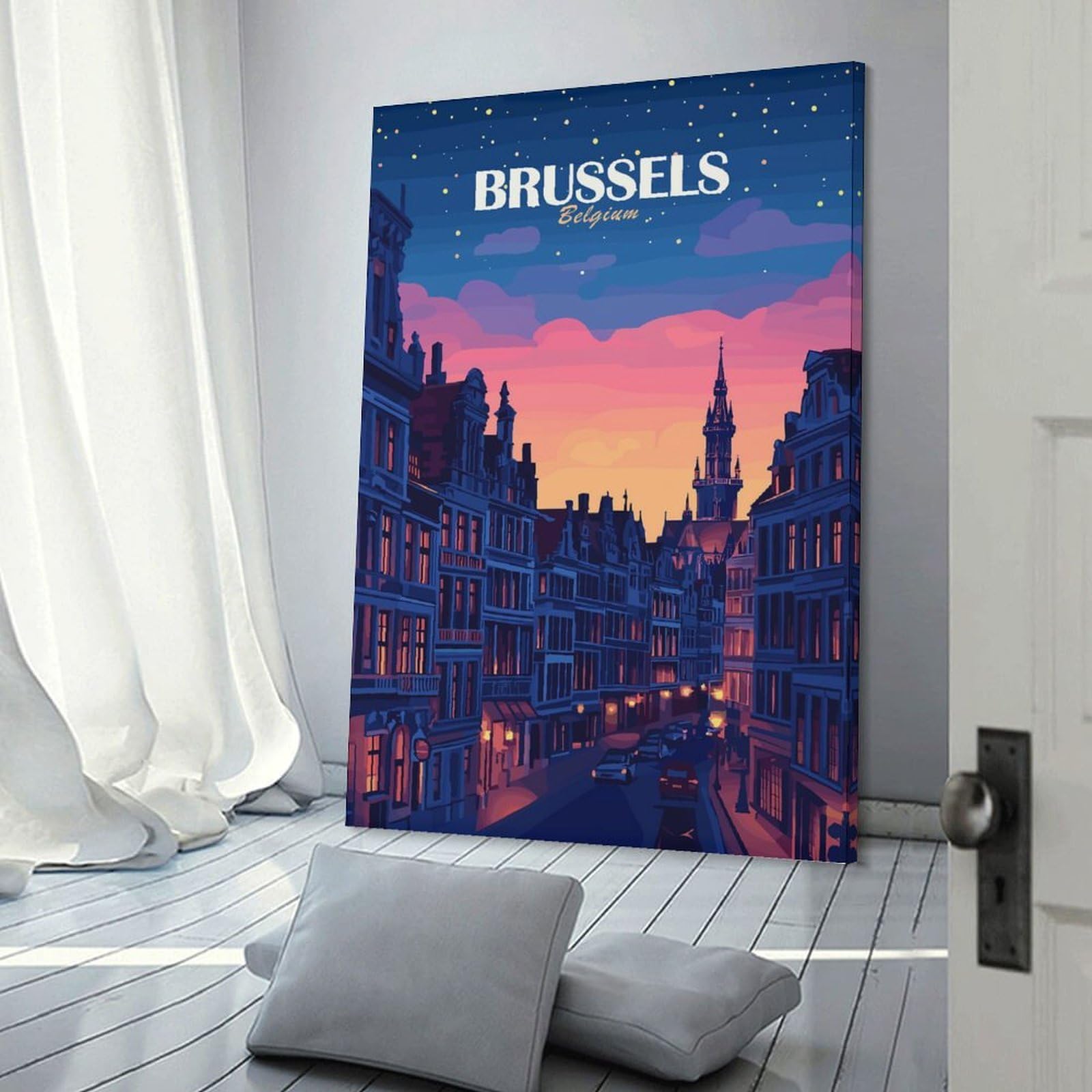 Junmoney Canvas Wall Art Brussels Belgium Cityscape at Dusk, 20x30inch(50x75cm), for Living Room, Lounge Or Sitting Room, Canvas Styling for A Polished Room Look