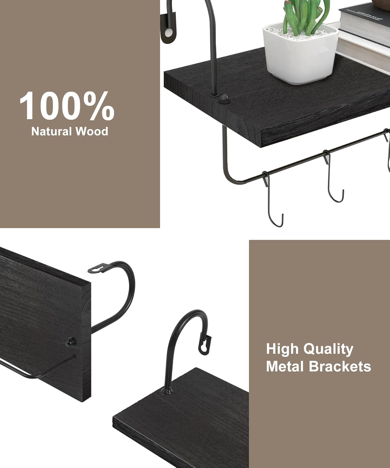Wall Mount Floating Shelves, Wooden Coffee Bar Hanging Storage Shelf Rustic Cup Holder Mug Hanger Organizer Farmhouse Decor for Kitchen Living Room Bedroom, Black