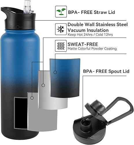 Miniatura 10 de VQRRCKI Botella de agua aislada de 32 onzas con tapa de popote y tapas de boca ancha, botellas de agua deportivas de acero inoxidable, vacío de