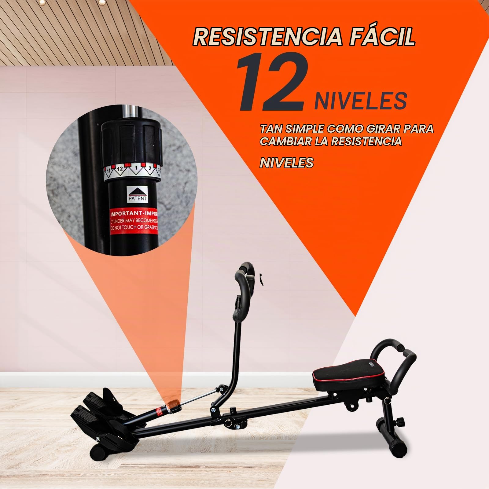 Máquina de Remo Ajustable, HydraFit Rower, Remo Multifuncional, 12 Niveles de Resistencia, Contador Incluido, Sistema Hidráulico, 3 Niveles de Intensidad, Plegable
