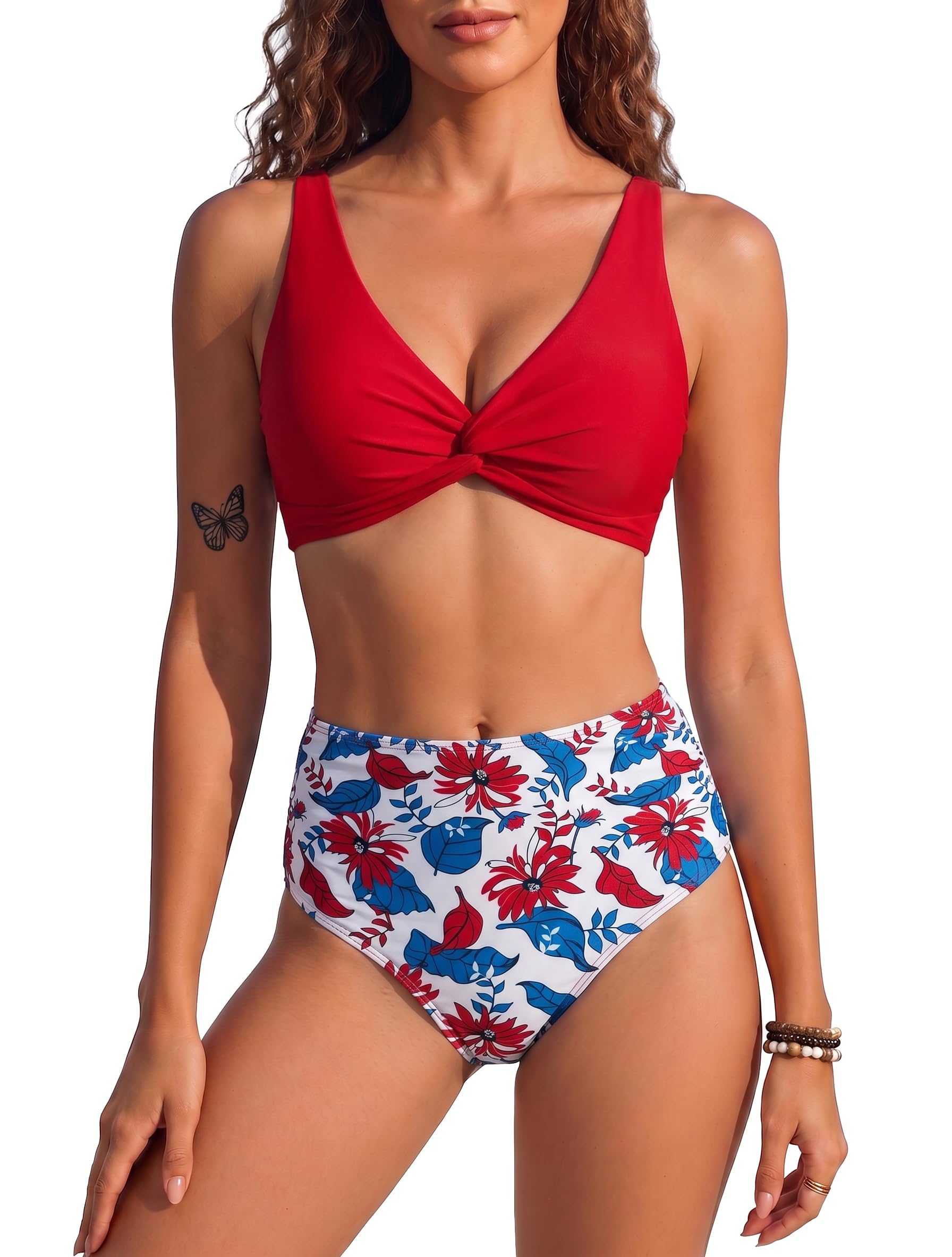 HORISUN High Waist Bauchweg Bikini Set für Damen mit Twist Front V Ausschnitt gepolsterten Einlagen Raffungen Rückenbindung verstellbaren Trägern Zweiteiliger Badeanzug ohne Bügel