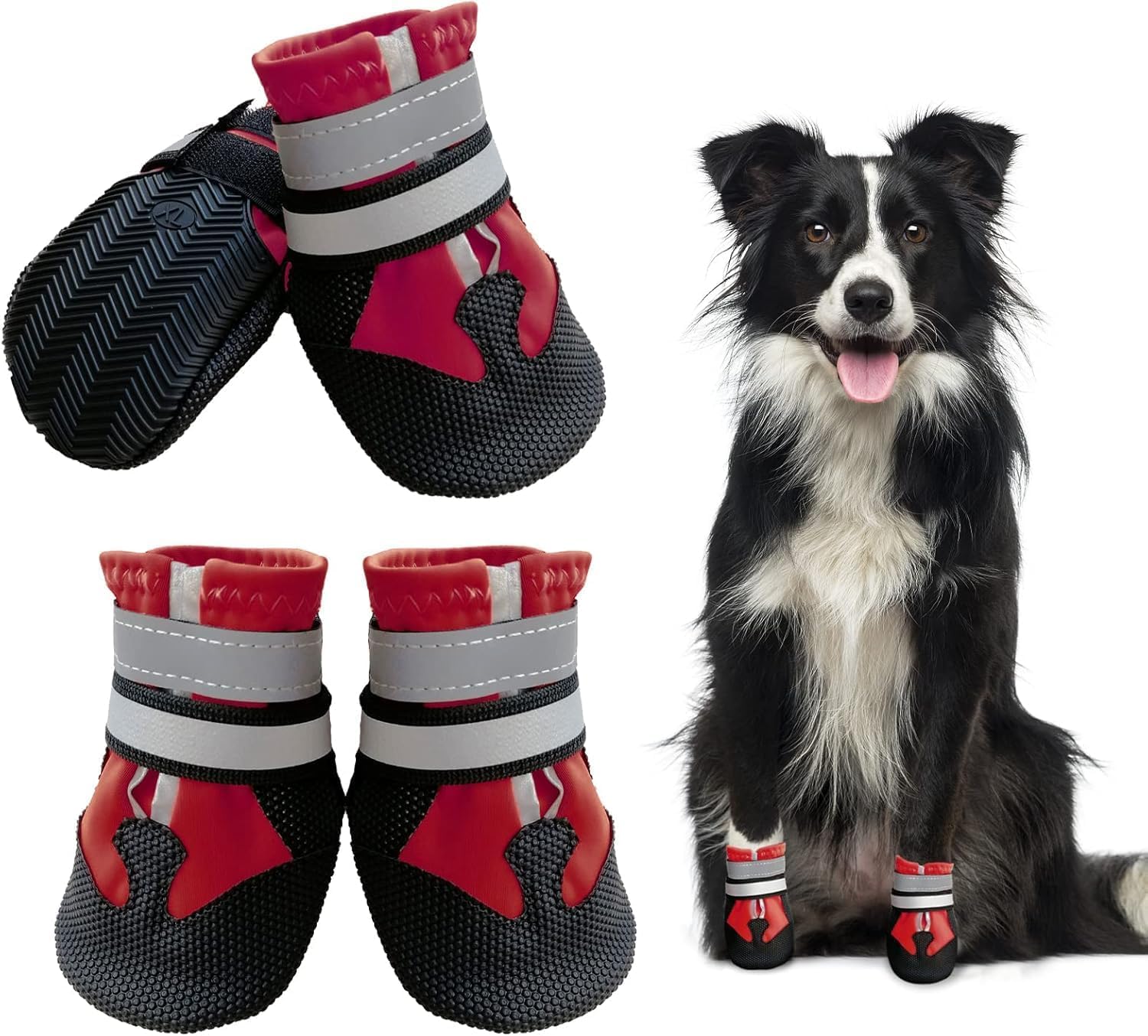 Dricar Dog Shoes, Set of 4 Dog Boots for Injured Paws, Waterproof Anti Slip Dogs Shoes for Walking, Paw Protectors with Reflective Straps for Small Medium Large Dogs (Red, L)