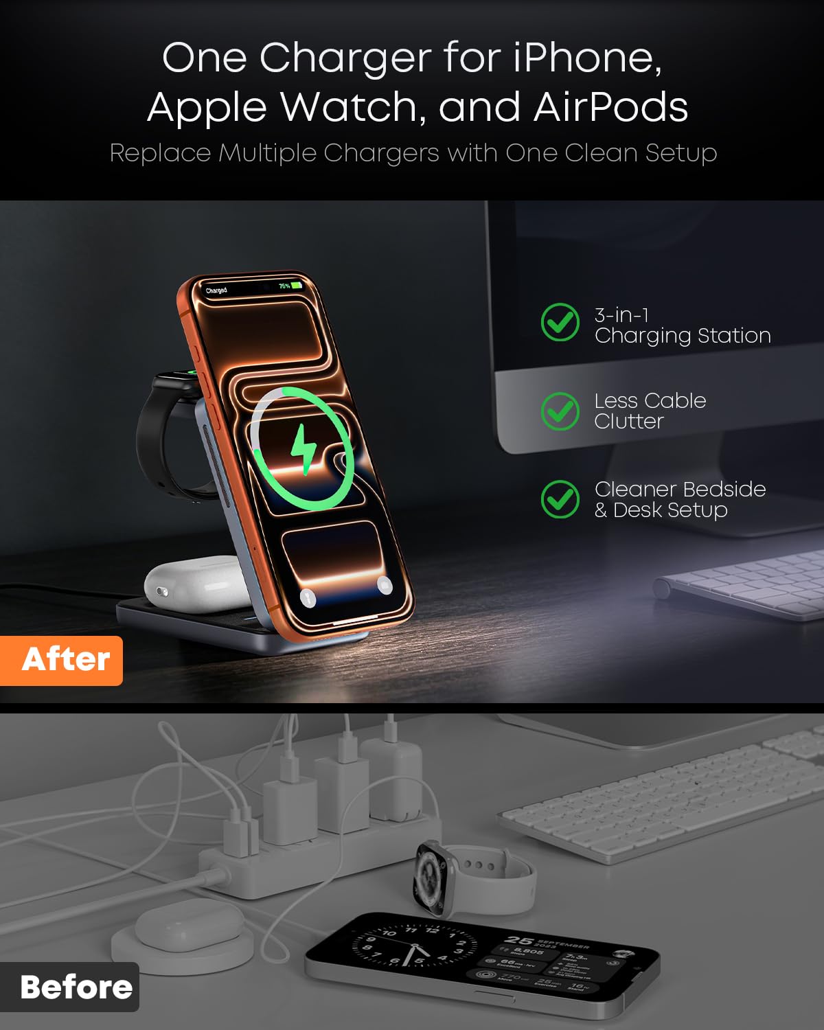Qi2.2 25W 3-in-1 pieghevole caricatore senza fili magnetico per iPhone, luce notturna | Compatibile con iPhone 17/16/15/14/13/12, Apple Watch e AirPods, adattatore da 45 W + cavo 5A, custodia fino a 3 mm