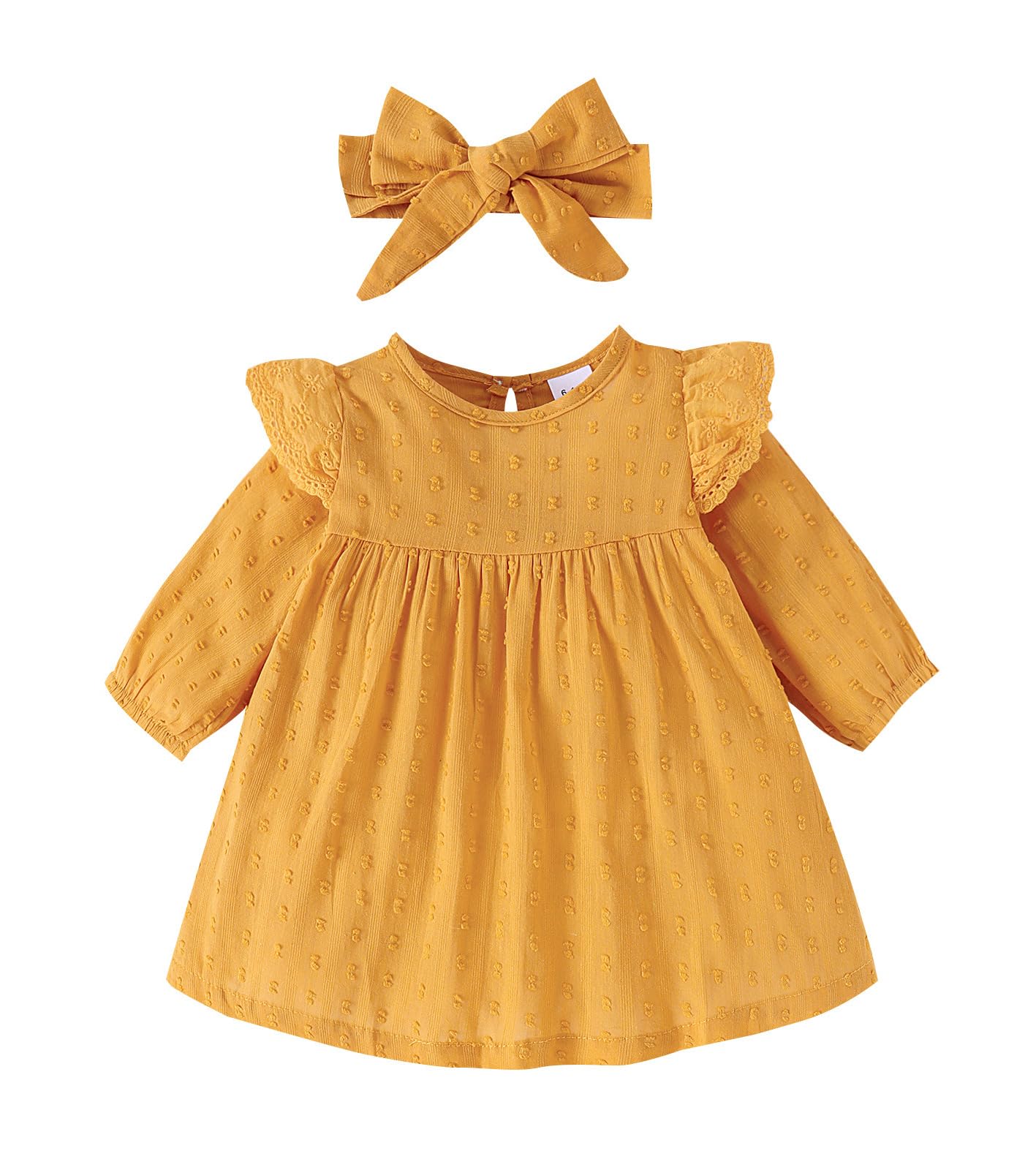 Symunnia Toddler Baby Girls Long Sleeve Swiss Dots Ruffle Casual Midi Dress Summer Fall Outfits Cotton Clothes with Headband(9-12months,Yellow#1)