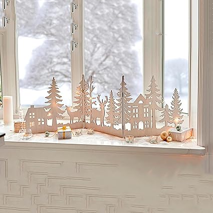 Cliths Set of 3 Standing Holiday Trees Centerpiece - Christmas Forest Decoration with Houses & Reindeer, Perfect for Table & Window Decor, DIY Holiday Decor, Festival Gift