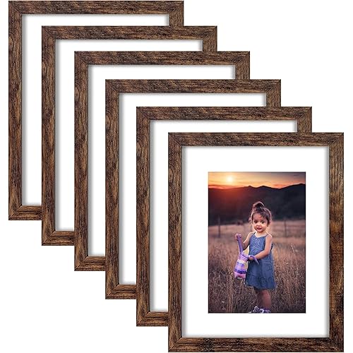 ZIRANLING 11x14 Picture Frame Rustic Brown Wood Set of 6,Display Pictures 8x10 with Mat or 11x14 Without Mat,Multi Photo Frames Collage for Wall