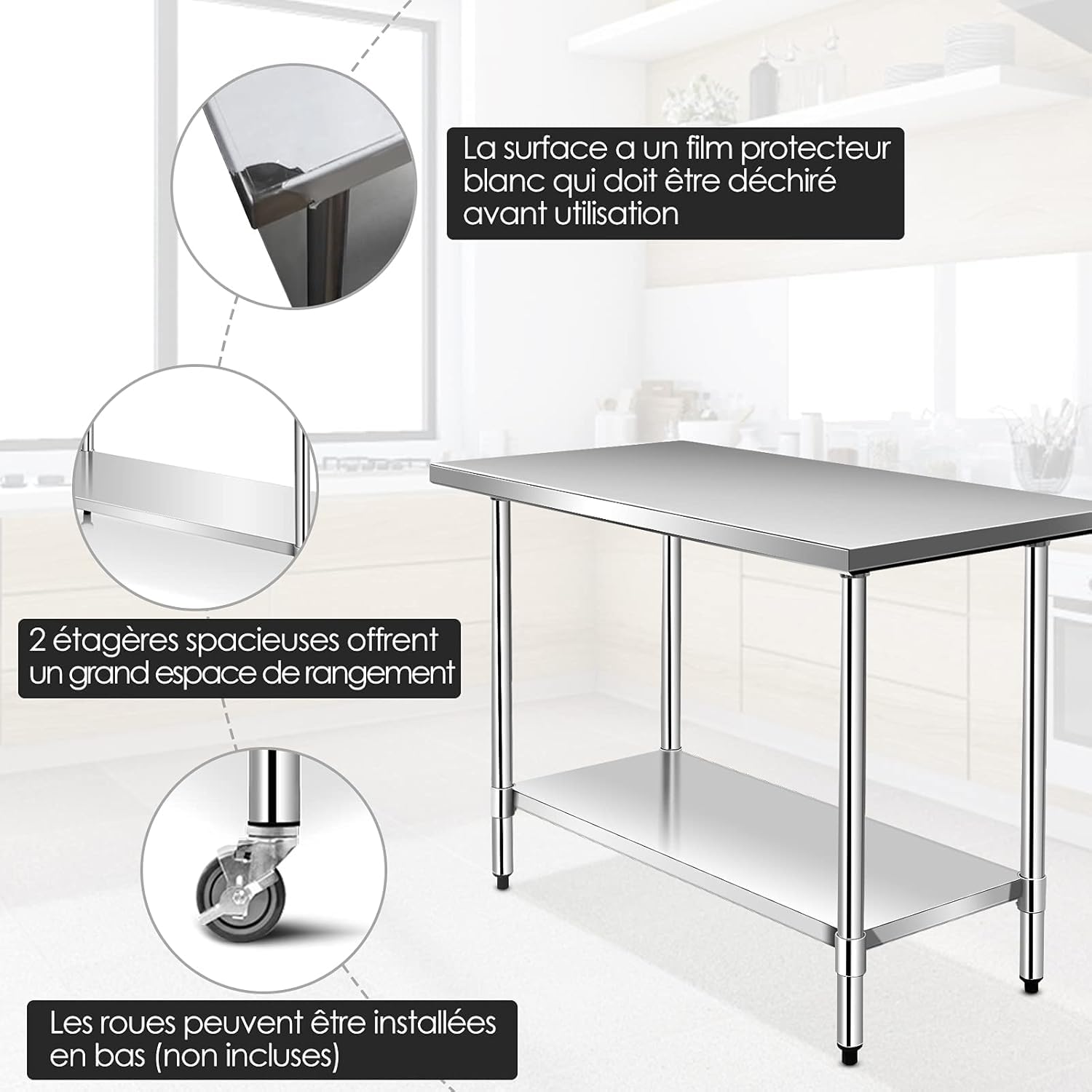 GOPLUS Mesa de Trabajo de Cocina de Acero Inoxidable con 2 Estantes, Mesa de Trabajo Profesional para Cocina y Operaciones Industriales (91.5 x 61 x 90 CM)