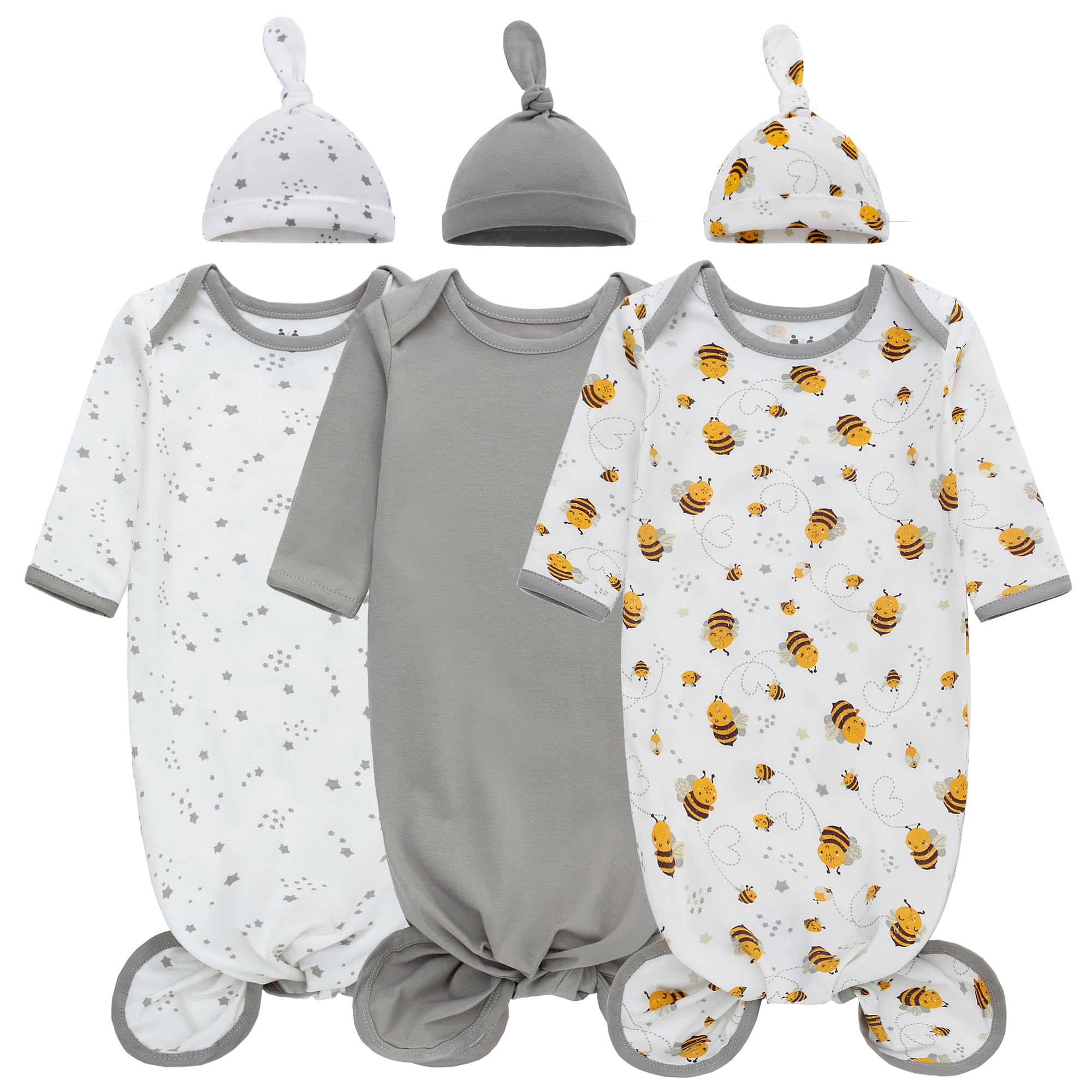 LAT Newborn Knotted Gown for Boy Girls,Baby Tie Gown Nightgown,Baby Sleeper with Matching Hat Set 3 Pack,Sleepwear Outfits