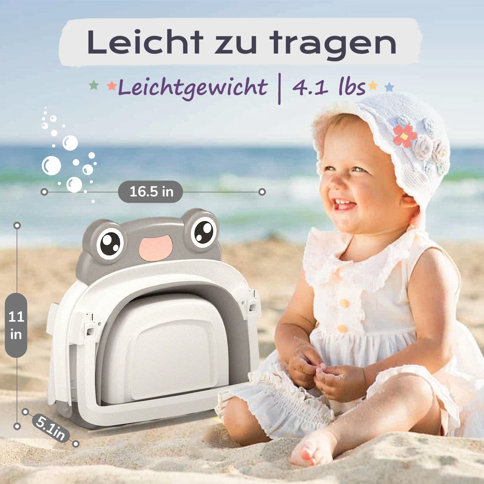 COOSEYA Baby Badewanne, Faltbare Babywanne mit Babybadewanne Stützkissen, Portable Baby Bathtub als Wesentliche Artikel für Neugeborene und Kleinkind, Frosch - Design (Grau)